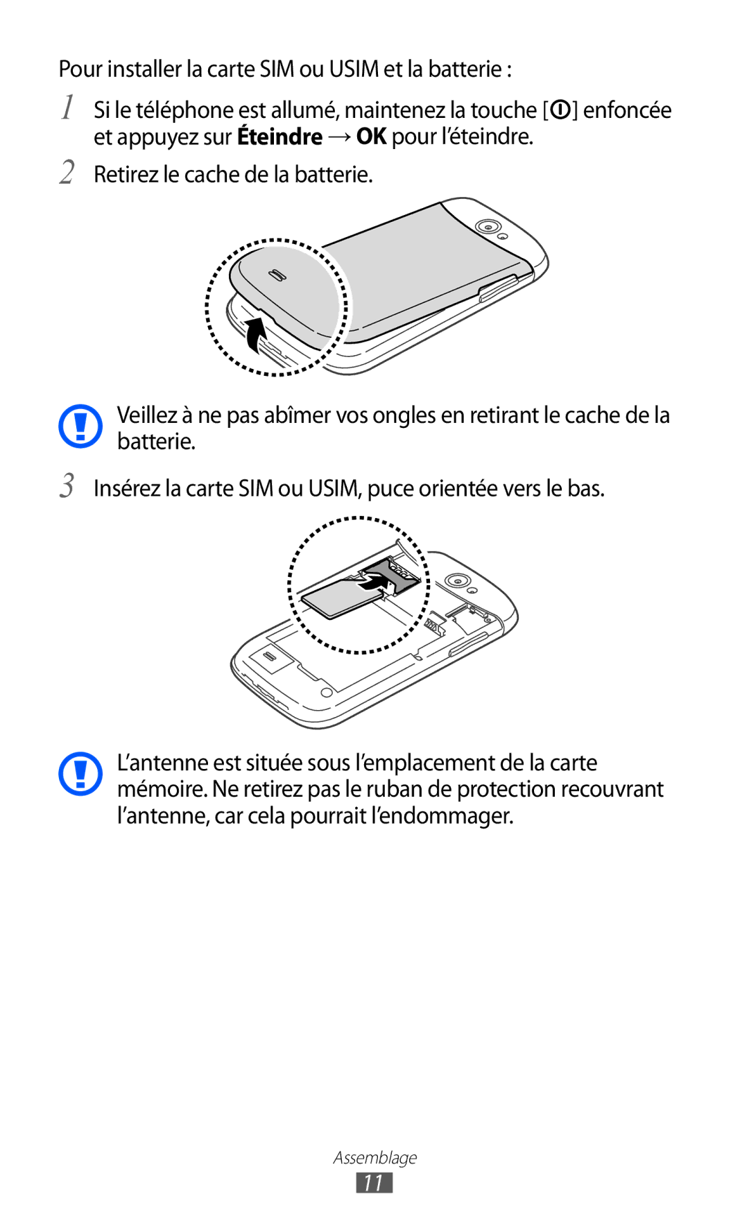 Samsung GT-I8150FKAXEF, GT-I8150MAASFR, GT-I8150MAABOG, GT-I8150MAAXEF Pour installer la carte SIM ou Usim et la batterie 