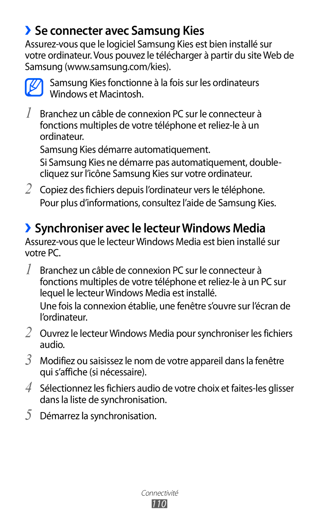 Samsung GT-I8150MAAXEF, GT-I8150MAASFR, GT-I8150MAABOG, GT-I8150FKAXEF manual ››Se connecter avec Samsung Kies, 110 