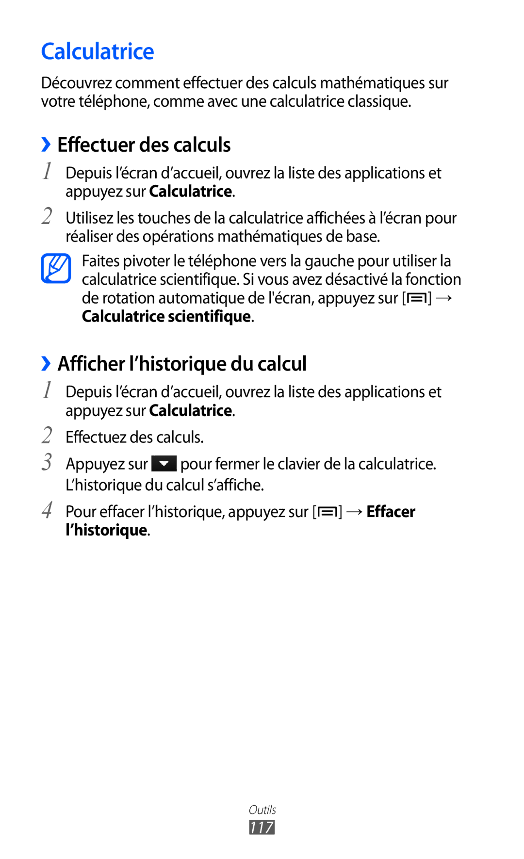 Samsung GT-I8150MAABOG, GT-I8150MAASFR manual Calculatrice, ››Effectuer des calculs, ››Afficher l’historique du calcul, 117 