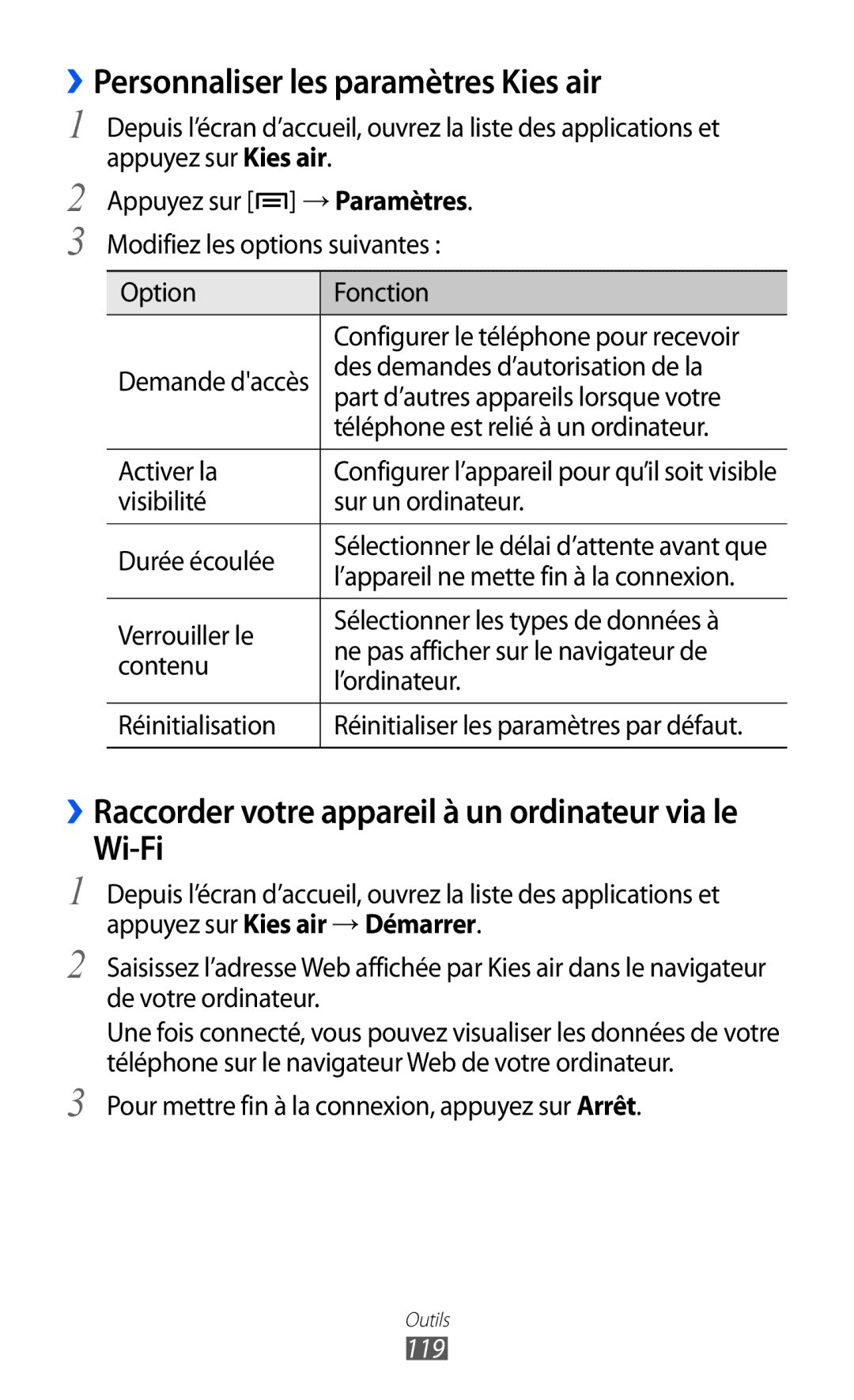 Samsung GT-I8150FKAXEF, GT-I8150MAASFR, GT-I8150MAABOG, GT-I8150MAAXEF ››Personnaliser les paramètres Kies air, Wi-Fi, 119 