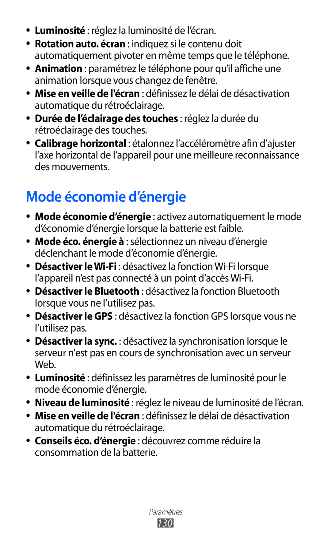 Samsung GT-I8150MAAXEF, GT-I8150MAASFR manual Mode économie d’énergie, Luminosité réglez la luminosité de l’écran, 130 