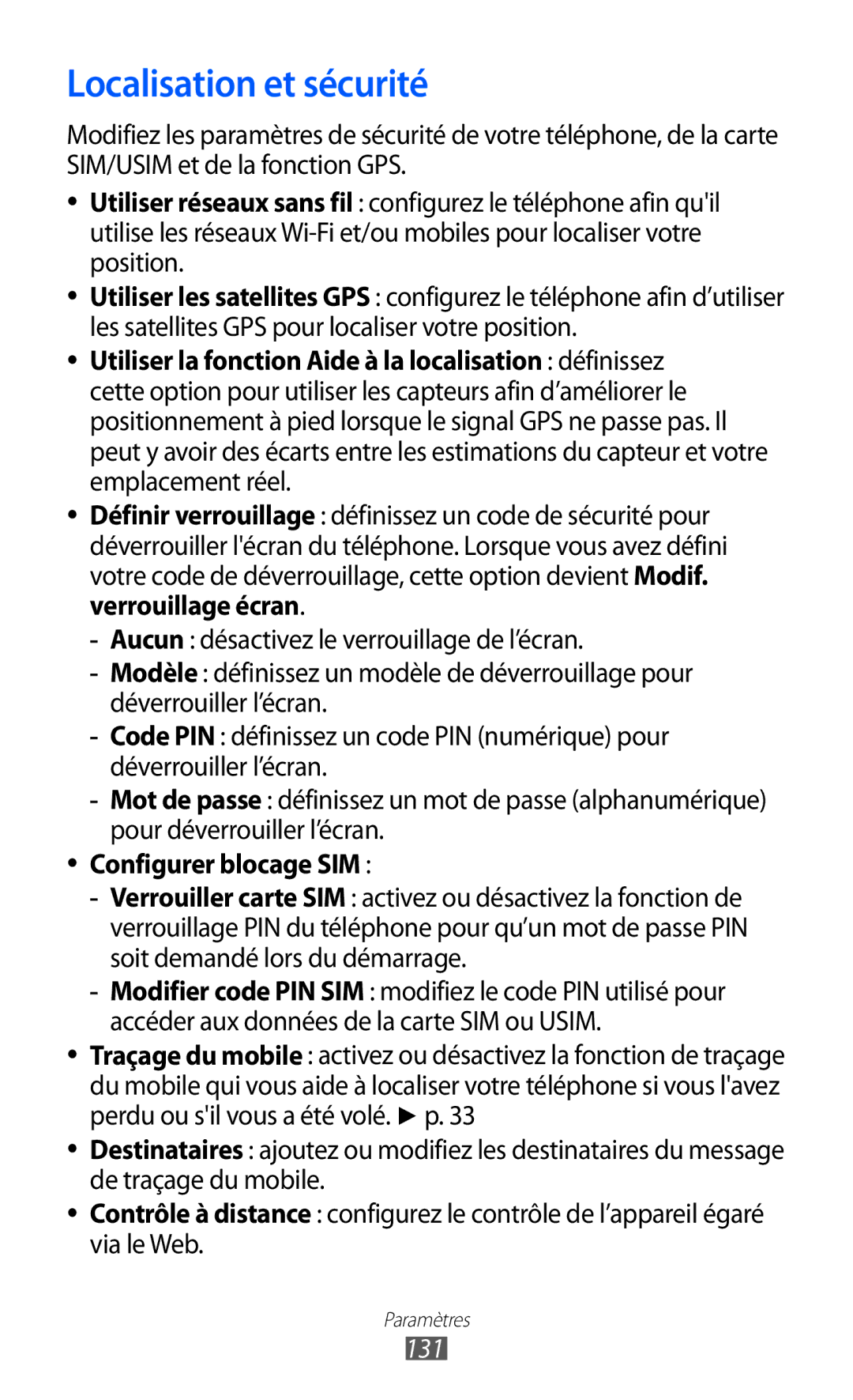 Samsung GT-I8150FKAXEF, GT-I8150MAASFR, GT-I8150MAABOG, GT-I8150MAAXEF Localisation et sécurité, Configurer blocage SIM, 131 