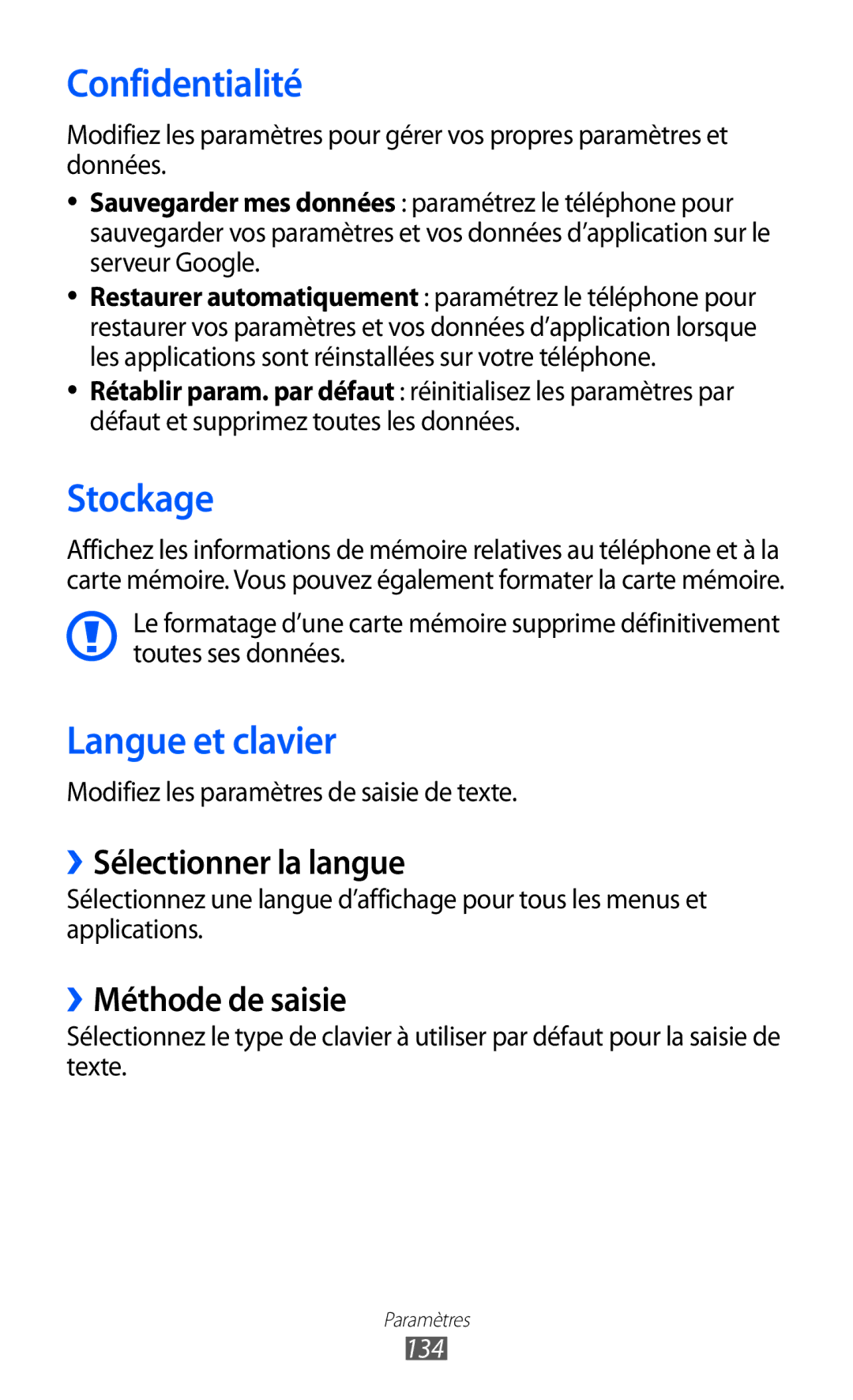 Samsung GT-I8150MAAXEF manual Confidentialité, Stockage, Langue et clavier, ››Sélectionner la langue, ››Méthode de saisie 