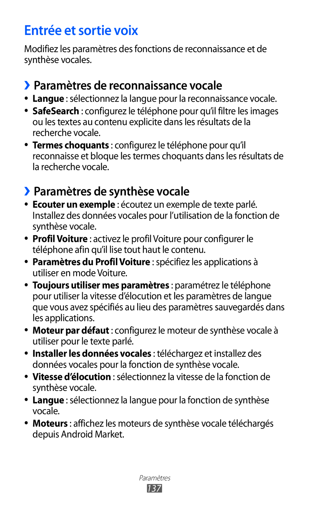 Samsung GT-I8150MAABOG Entrée et sortie voix, ››Paramètres de reconnaissance vocale, ››Paramètres de synthèse vocale, 137 