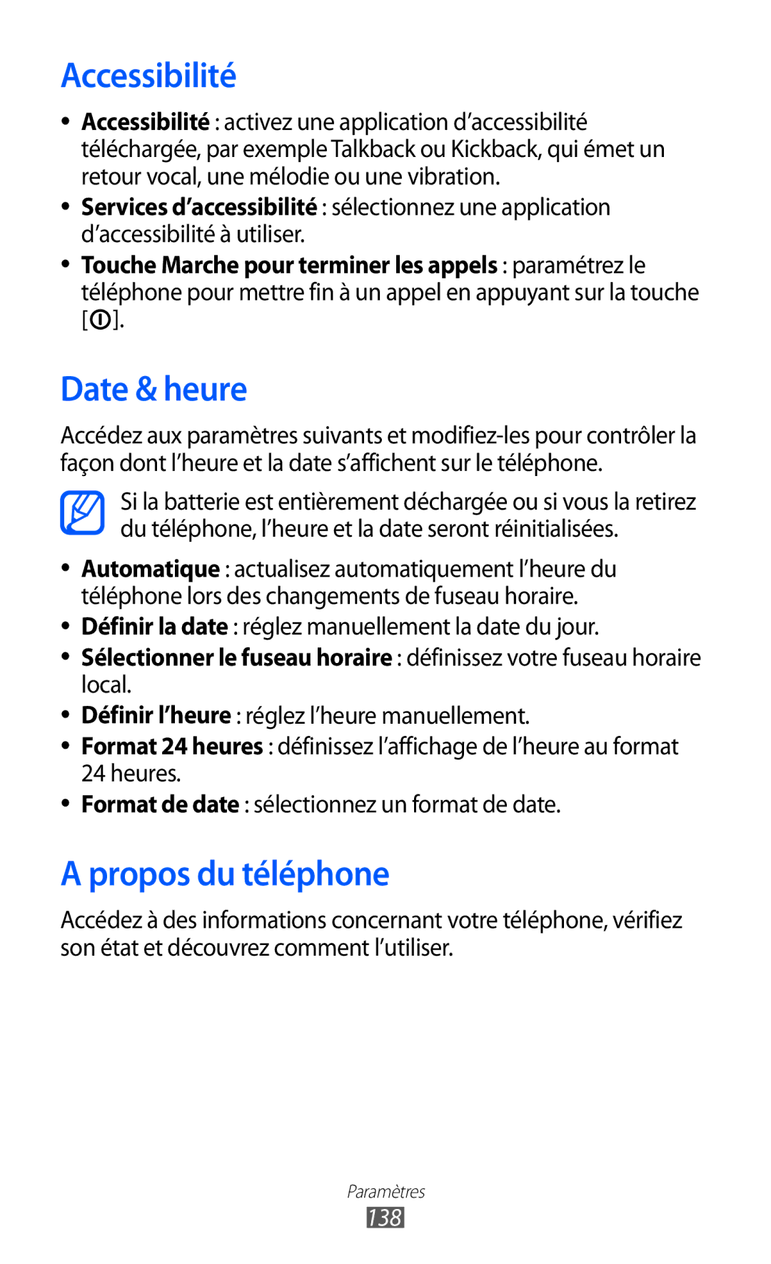 Samsung GT-I8150MAAXEF, GT-I8150MAASFR, GT-I8150MAABOG, GT-I8150FKAXEF Accessibilité, Date & heure, Propos du téléphone, 138 