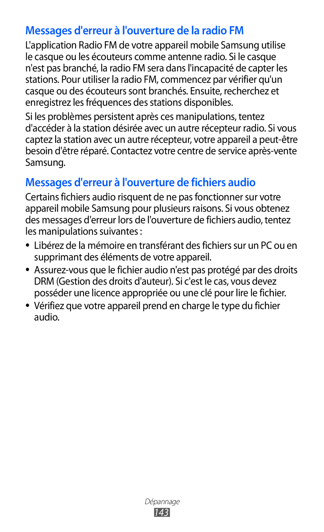 Samsung GT-I8150FKAXEF, GT-I8150MAASFR, GT-I8150MAABOG, GT-I8150MAAXEF Messages derreur à louverture de la radio FM, 143 