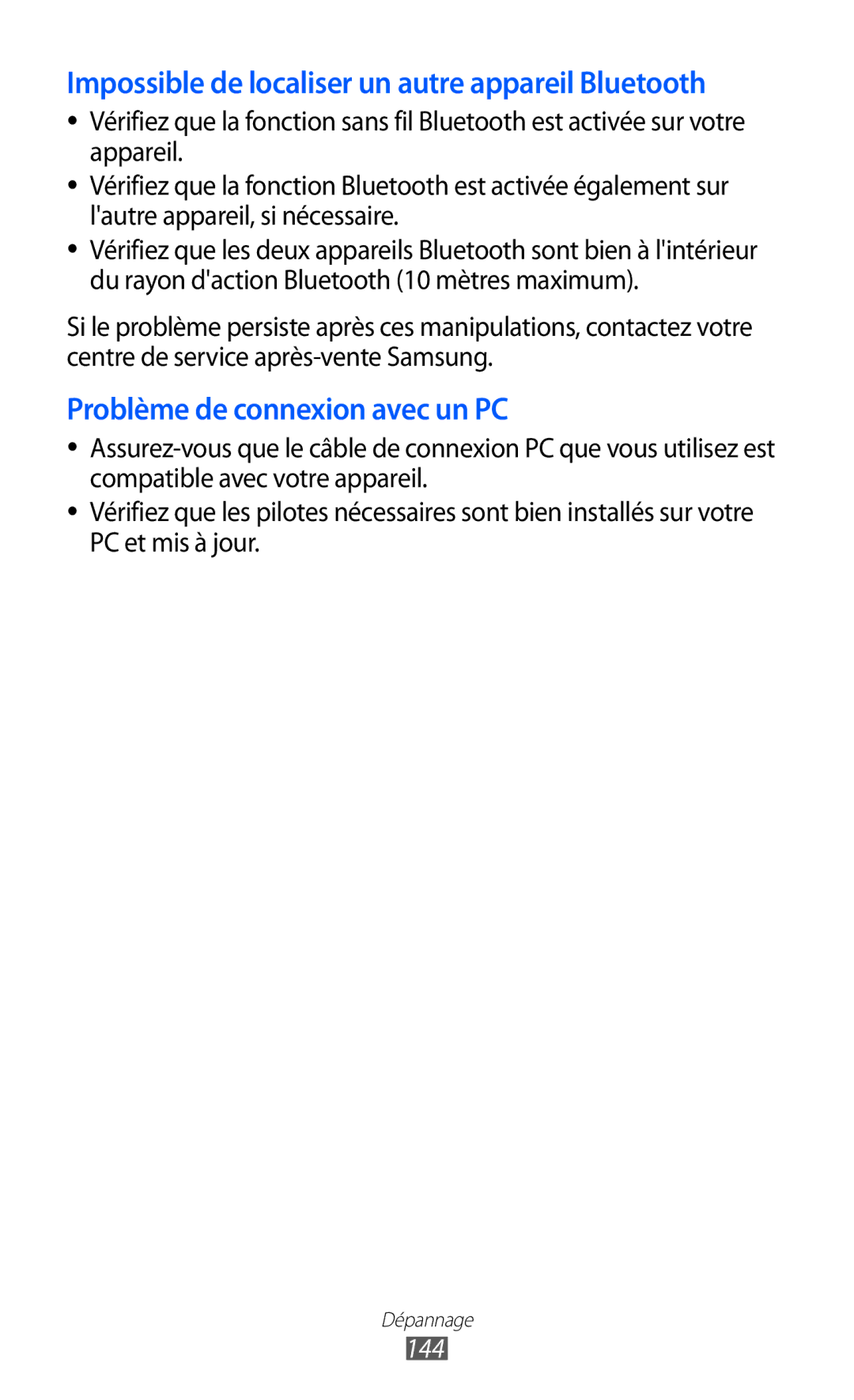 Samsung GT-I8150MAASFR, GT-I8150MAABOG, GT-I8150MAAXEF manual Impossible de localiser un autre appareil Bluetooth, 144 