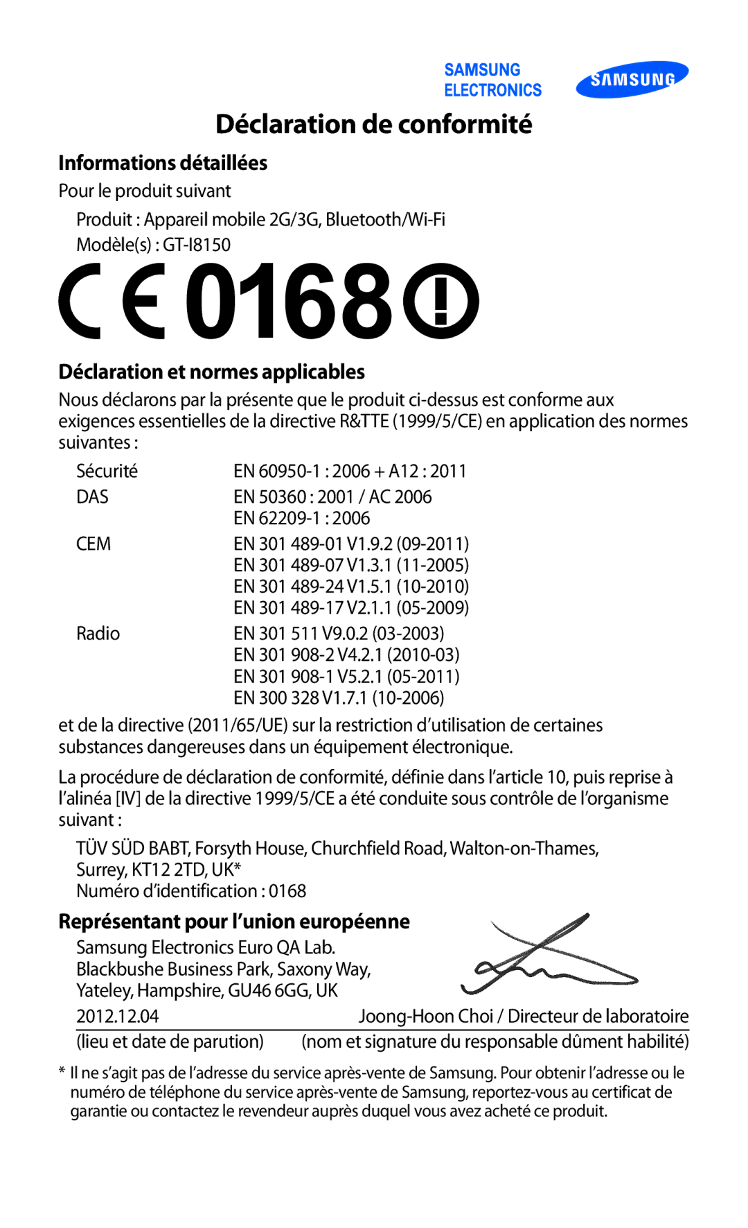 Samsung GT-I8150MAAXEF, GT-I8150MAASFR, GT-I8150MAABOG, GT-I8150FKAXEF manual Déclaration de conformité 