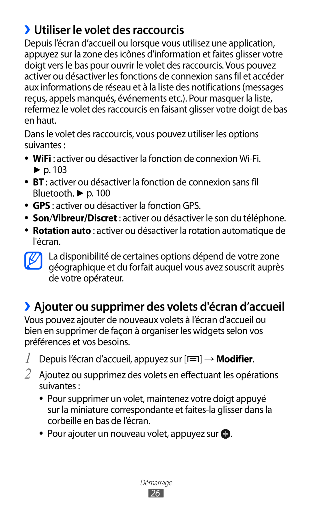 Samsung GT-I8150MAAXEF manual ››Utiliser le volet des raccourcis, ››Ajouter ou supprimer des volets décran d’accueil 