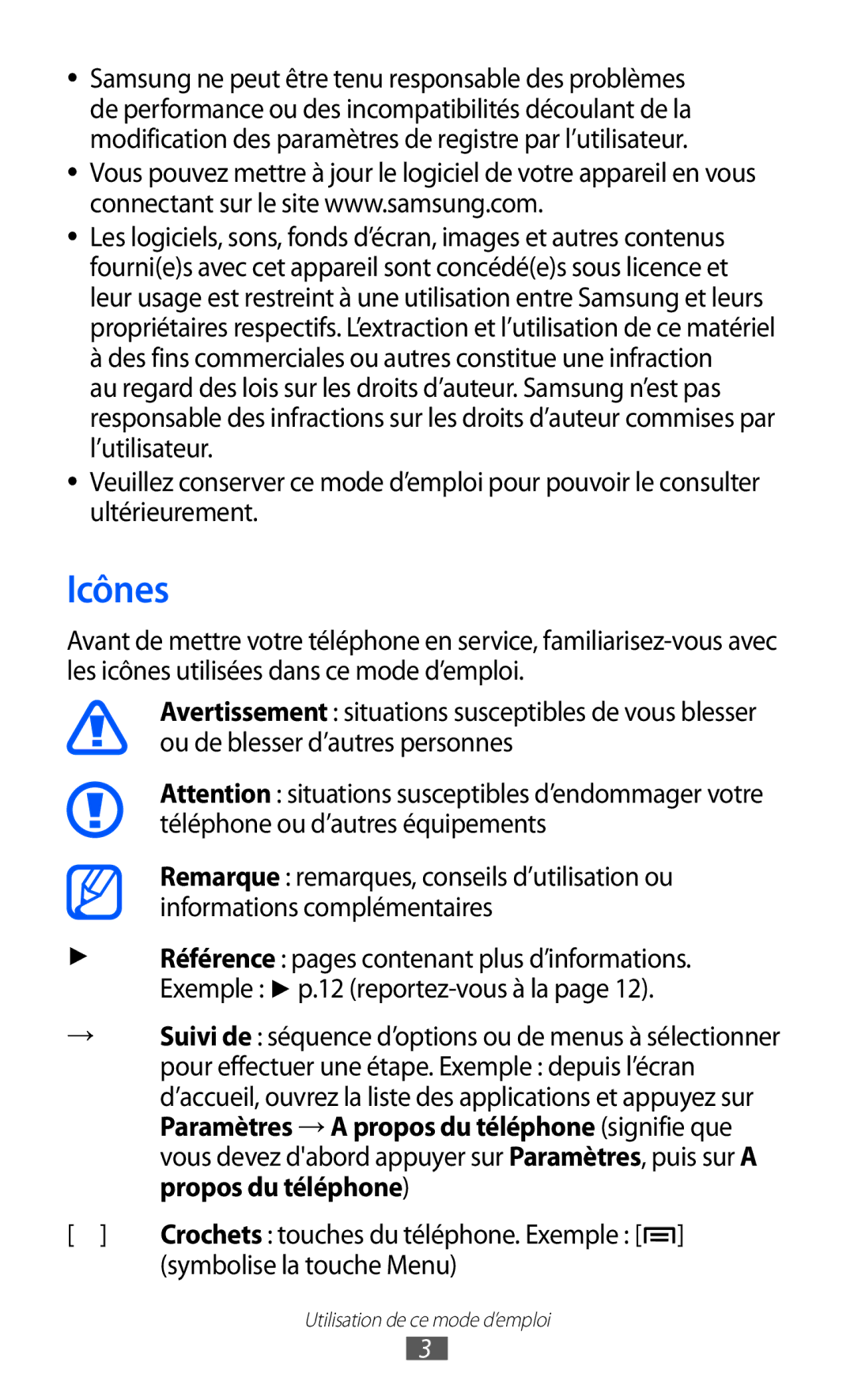 Samsung GT-I8150FKAXEF, GT-I8150MAASFR, GT-I8150MAABOG, GT-I8150MAAXEF manual Icônes, Symbolise la touche Menu 