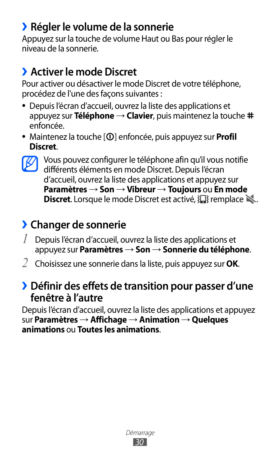 Samsung GT-I8150MAAXEF, GT-I8150MAASFR ››Régler le volume de la sonnerie, ››Activer le mode Discret, ››Changer de sonnerie 