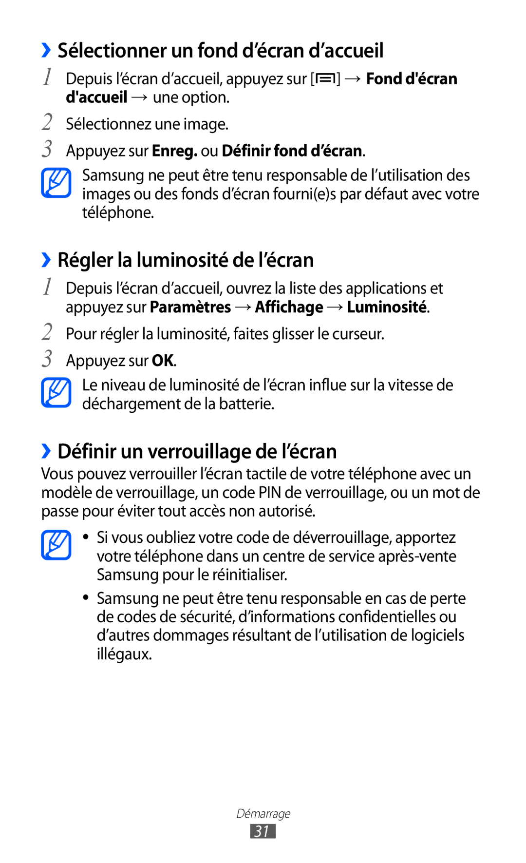 Samsung GT-I8150FKAXEF, GT-I8150MAASFR manual ››Sélectionner un fond d’écran d’accueil, ››Régler la luminosité de l’écran 