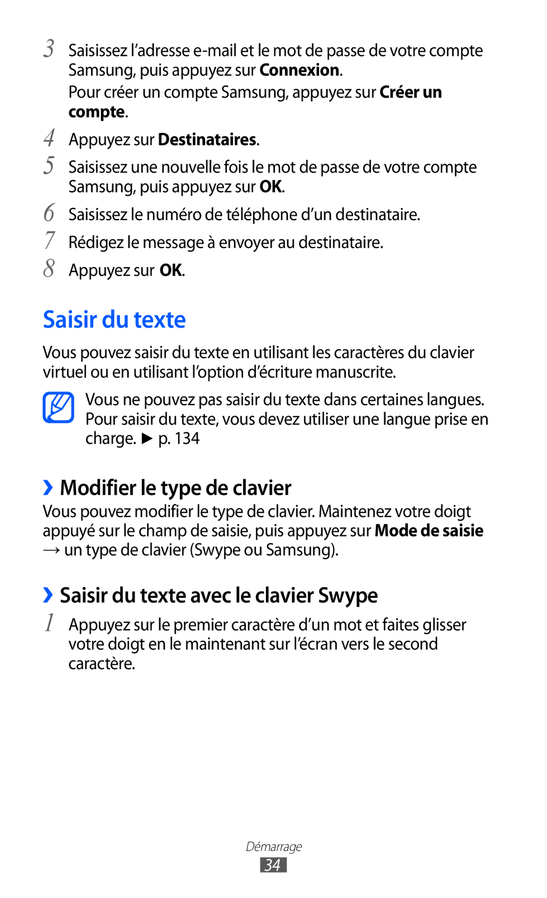 Samsung GT-I8150MAAXEF, GT-I8150MAASFR manual ››Modifier le type de clavier, ››Saisir du texte avec le clavier Swype 