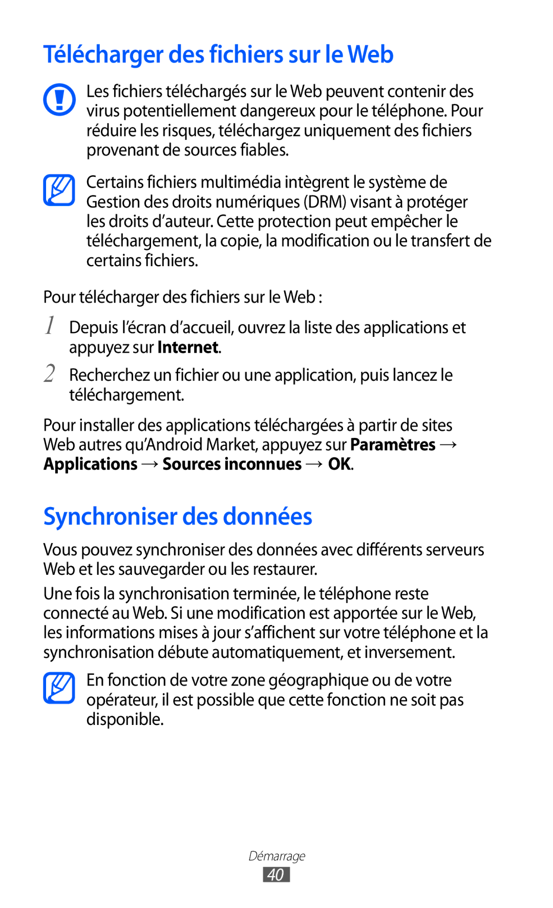 Samsung GT-I8150MAASFR, GT-I8150MAABOG, GT-I8150MAAXEF manual Télécharger des fichiers sur le Web, Synchroniser des données 