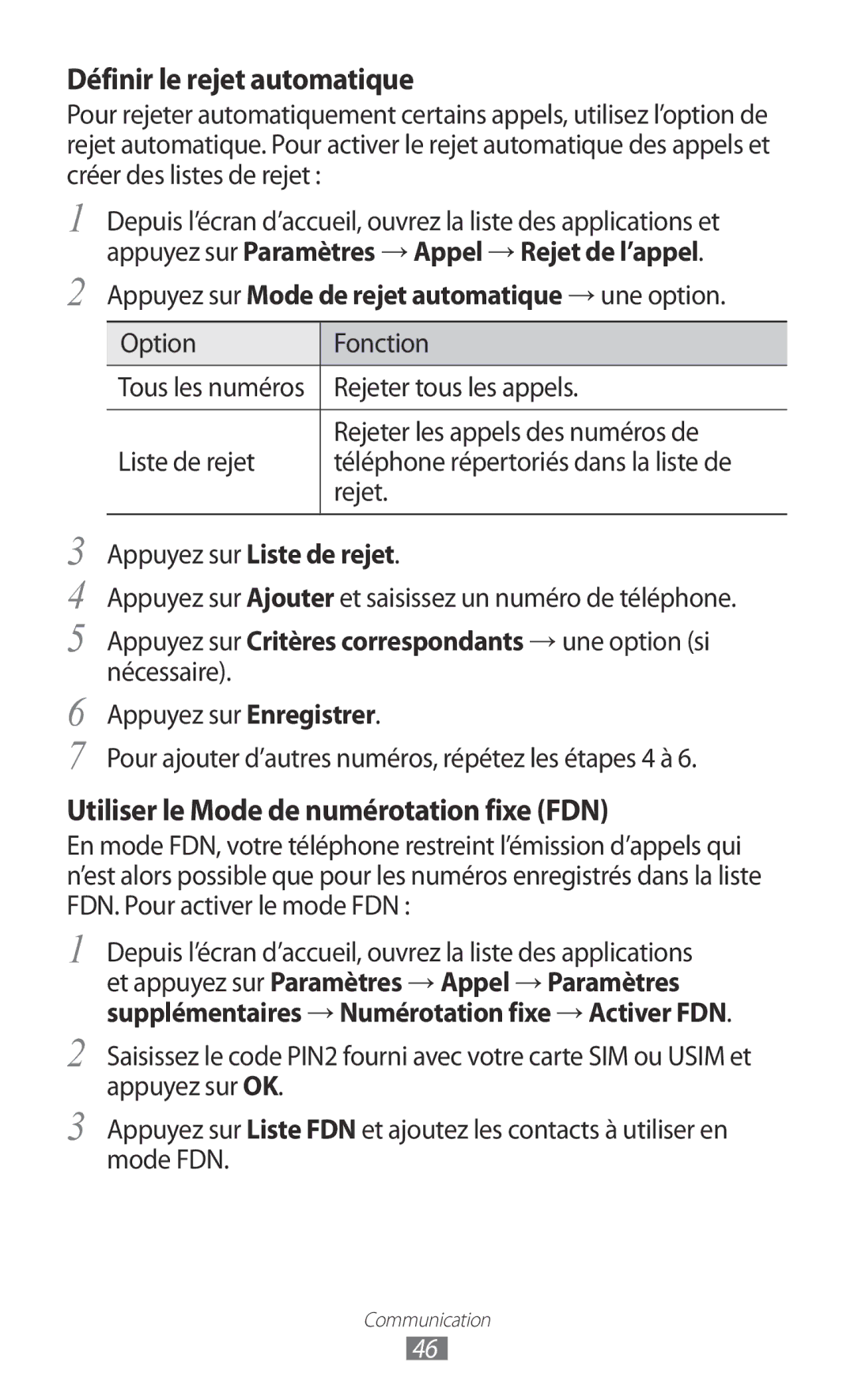 Samsung GT-I8150MAAXEF, GT-I8150MAASFR manual Appuyez sur Mode de rejet automatique → une option, Appuyez sur Liste de rejet 