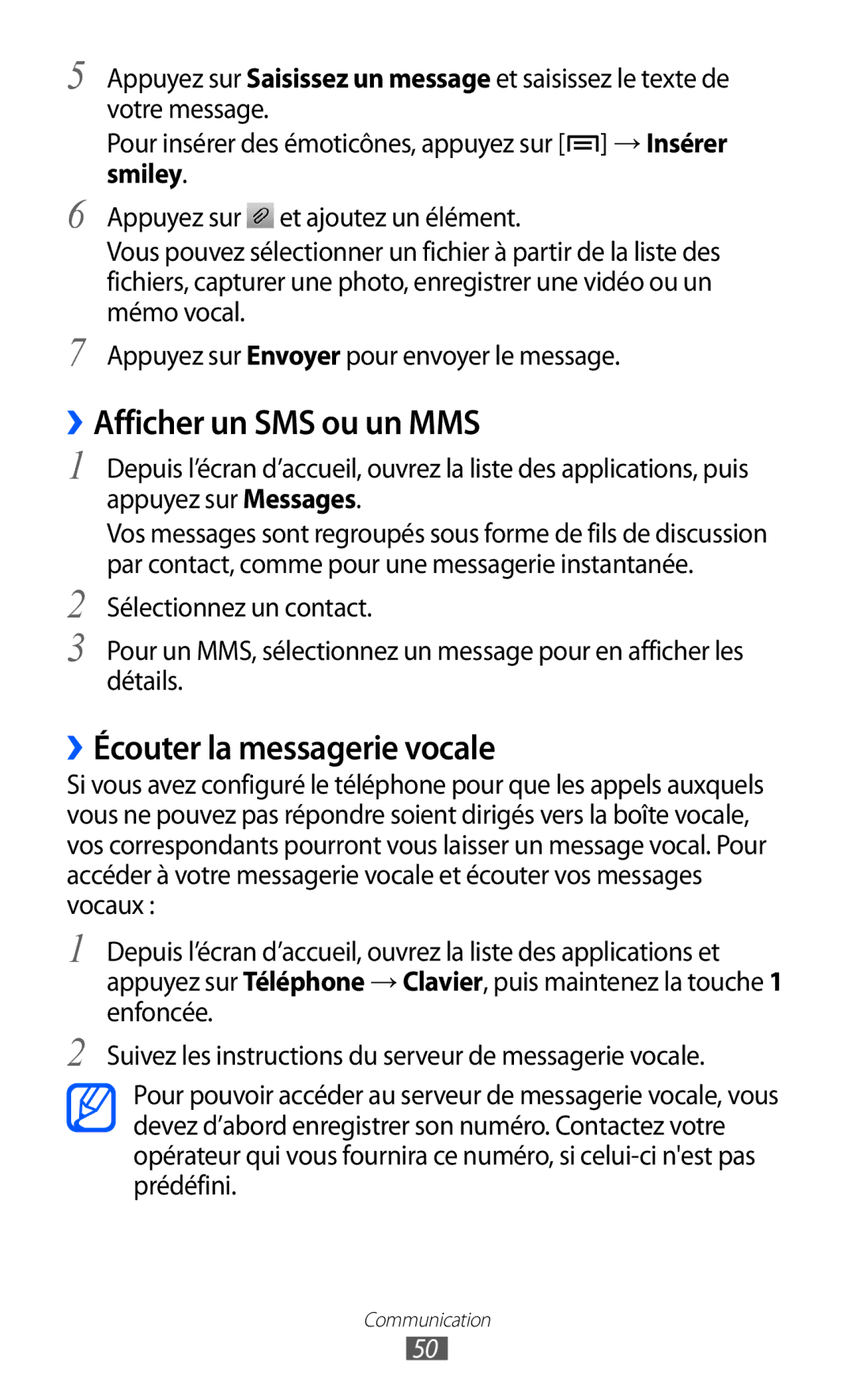 Samsung GT-I8150MAAXEF, GT-I8150MAASFR, GT-I8150MAABOG manual ››Afficher un SMS ou un MMS, ››Écouter la messagerie vocale 