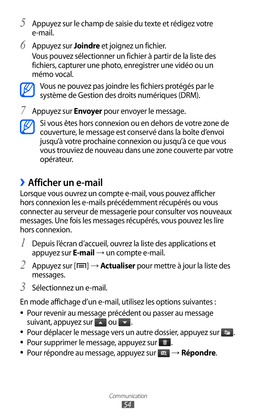 Samsung GT-I8150MAAXEF, GT-I8150MAASFR manual ››Afficher un e-mail, Pour répondre au message, appuyez sur → Répondre 