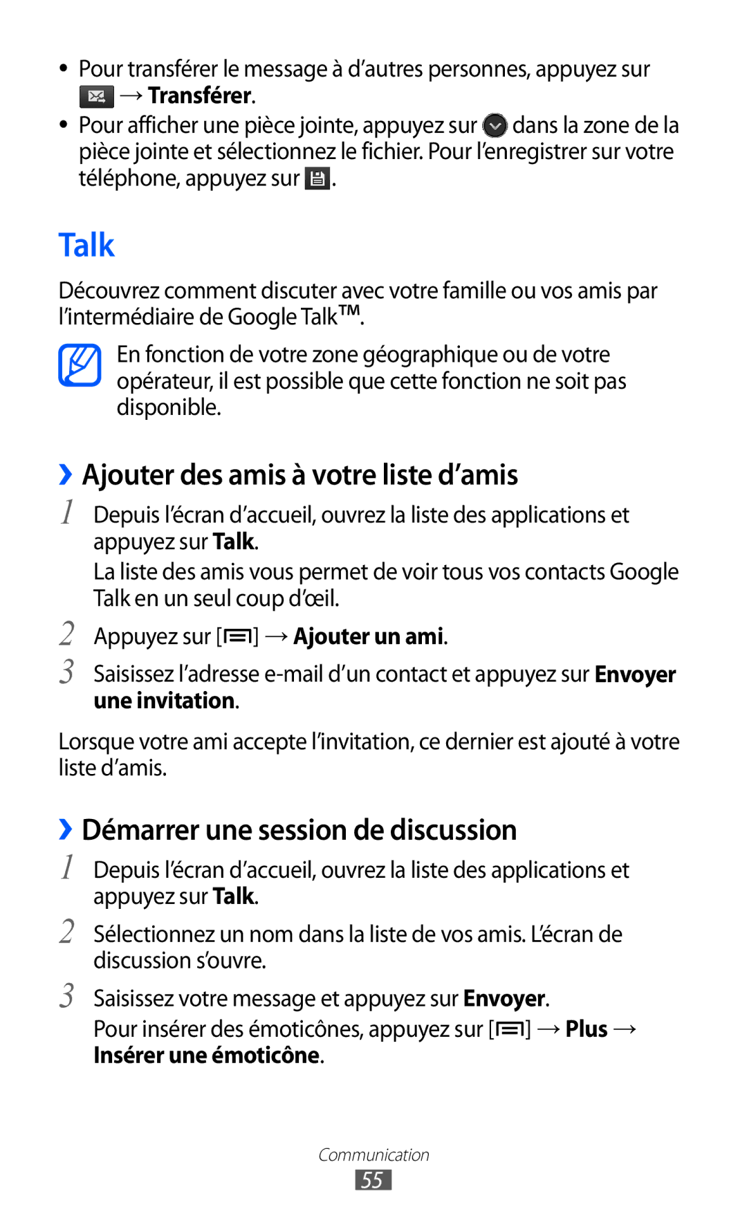 Samsung GT-I8150FKAXEF, GT-I8150MAASFR Talk, ››Ajouter des amis à votre liste d’amis, ››Démarrer une session de discussion 