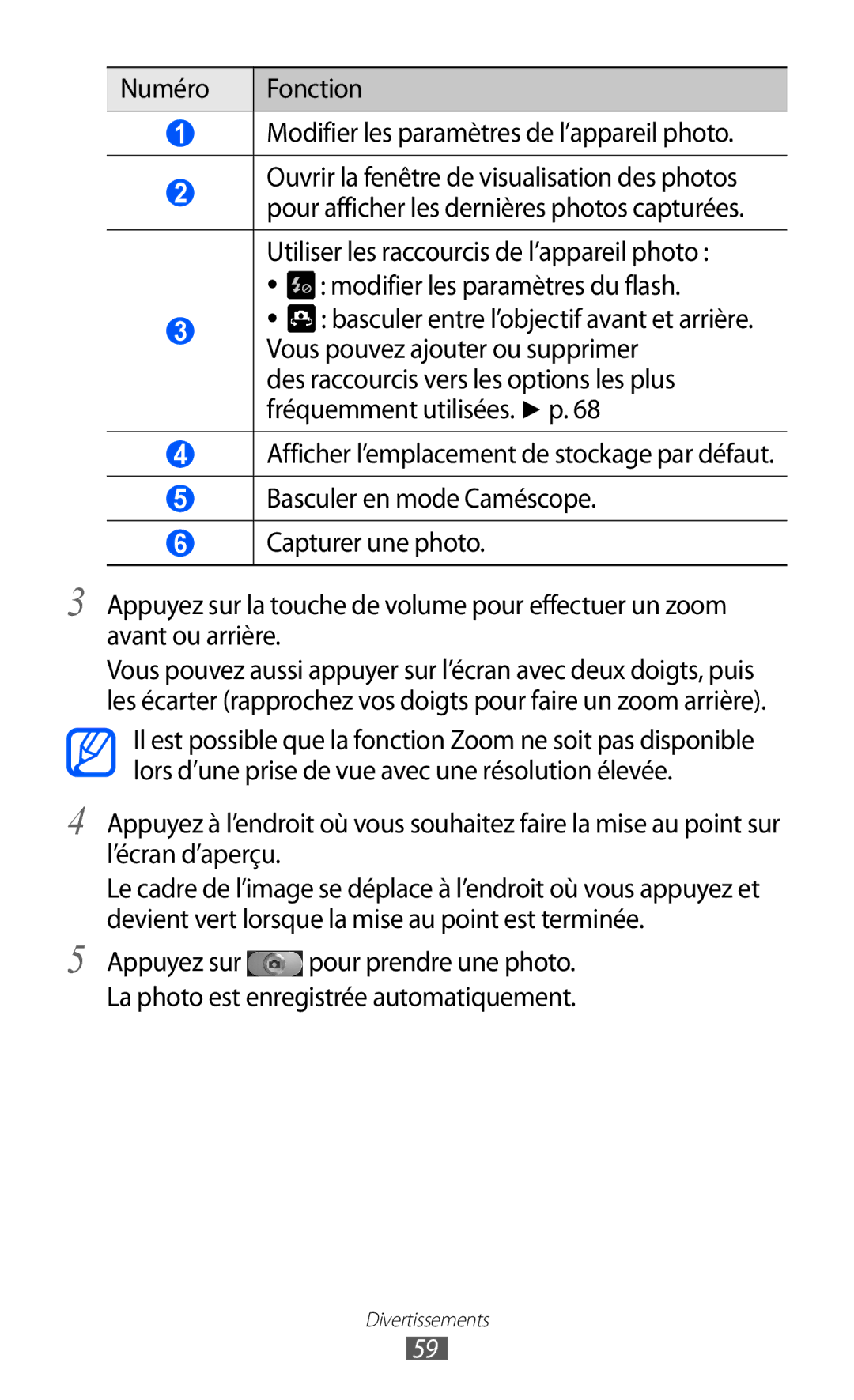 Samsung GT-I8150FKAXEF, GT-I8150MAASFR, GT-I8150MAABOG manual Numéro Fonction Modifier les paramètres de l’appareil photo 