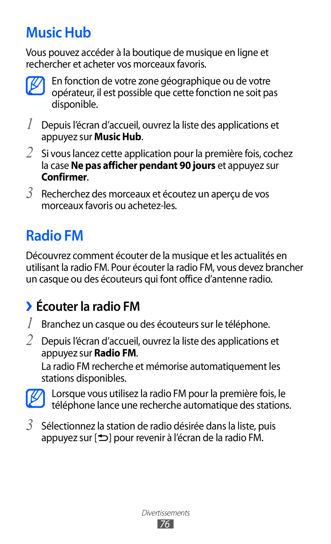 Samsung GT-I8150MAASFR, GT-I8150MAABOG, GT-I8150MAAXEF, GT-I8150FKAXEF manual Music Hub, Radio FM, ››Écouter la radio FM 