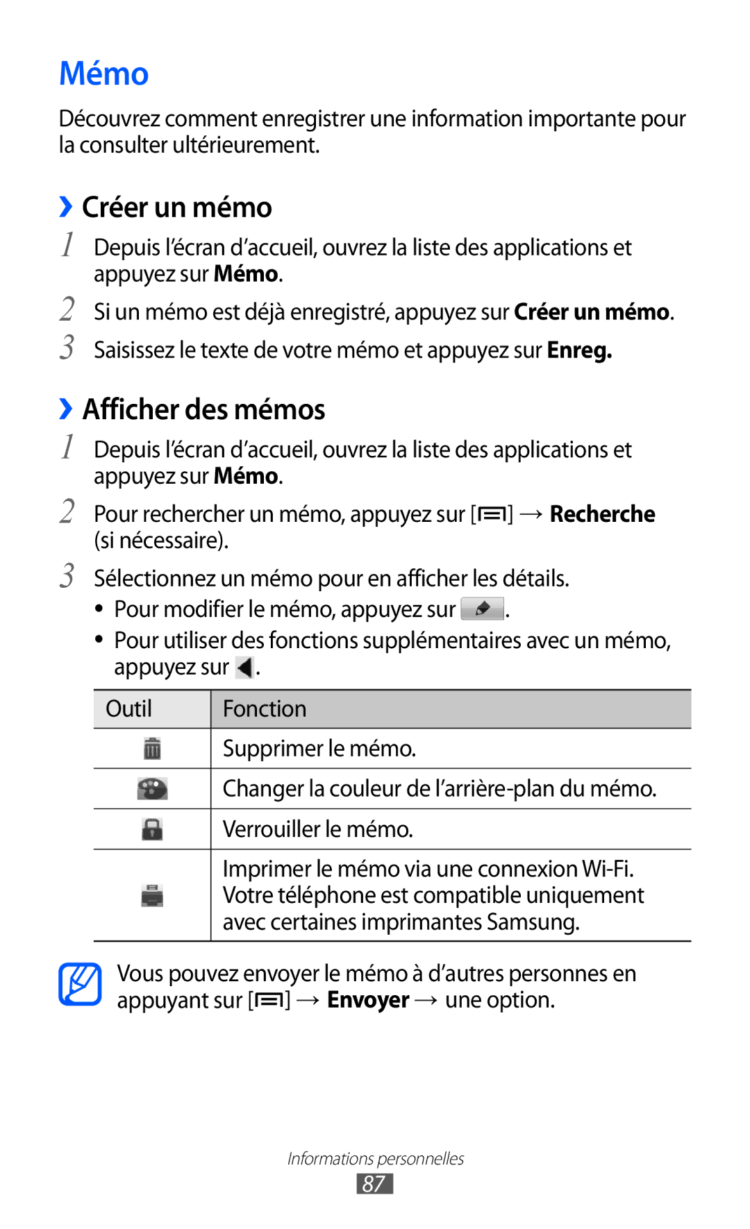 Samsung GT-I8150FKAXEF, GT-I8150MAASFR, GT-I8150MAABOG, GT-I8150MAAXEF manual Mémo, ››Créer un mémo, ››Afficher des mémos 