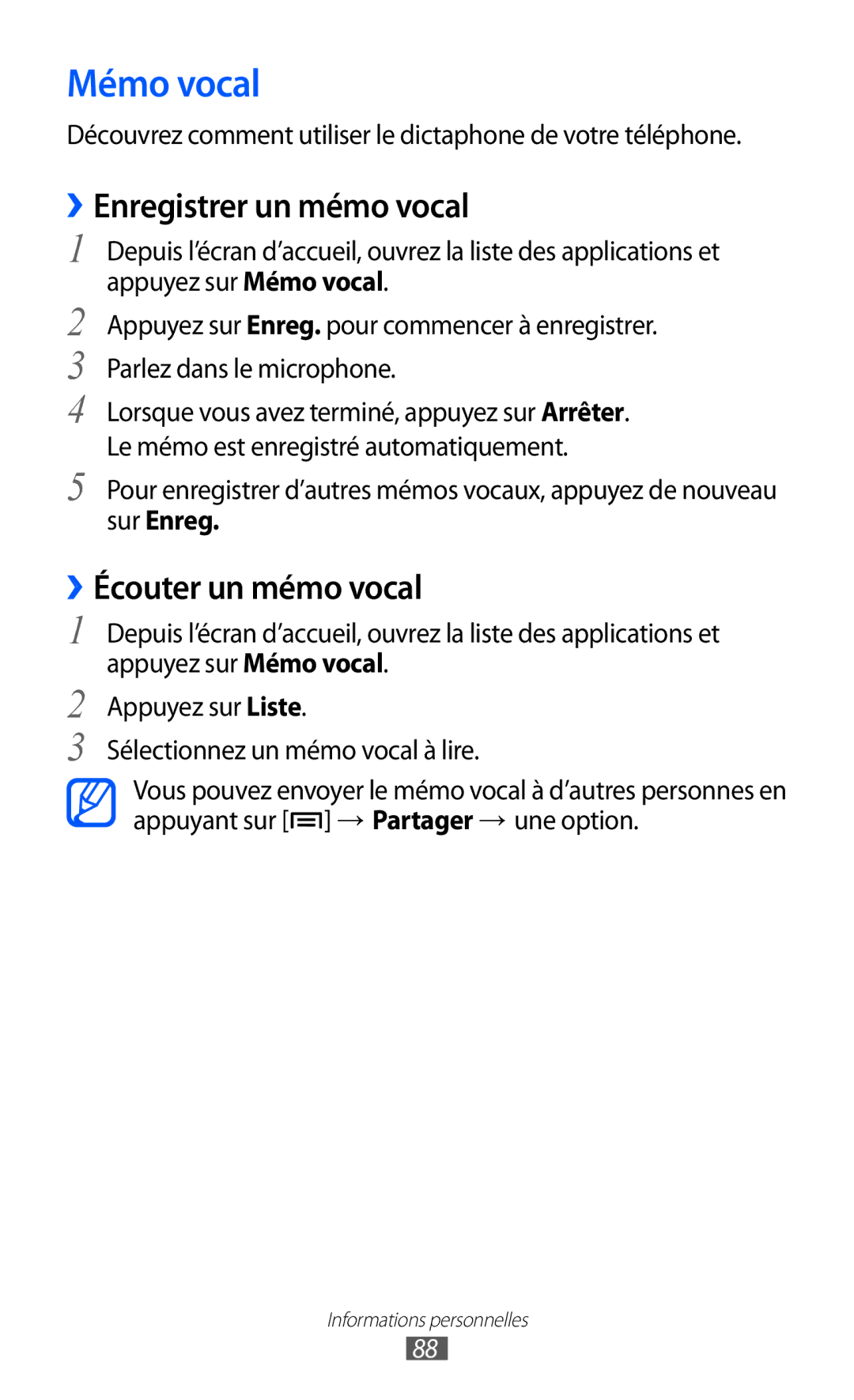 Samsung GT-I8150MAASFR, GT-I8150MAABOG manual Mémo vocal, ››Enregistrer un mémo vocal, ››Écouter un mémo vocal, Sur Enreg 