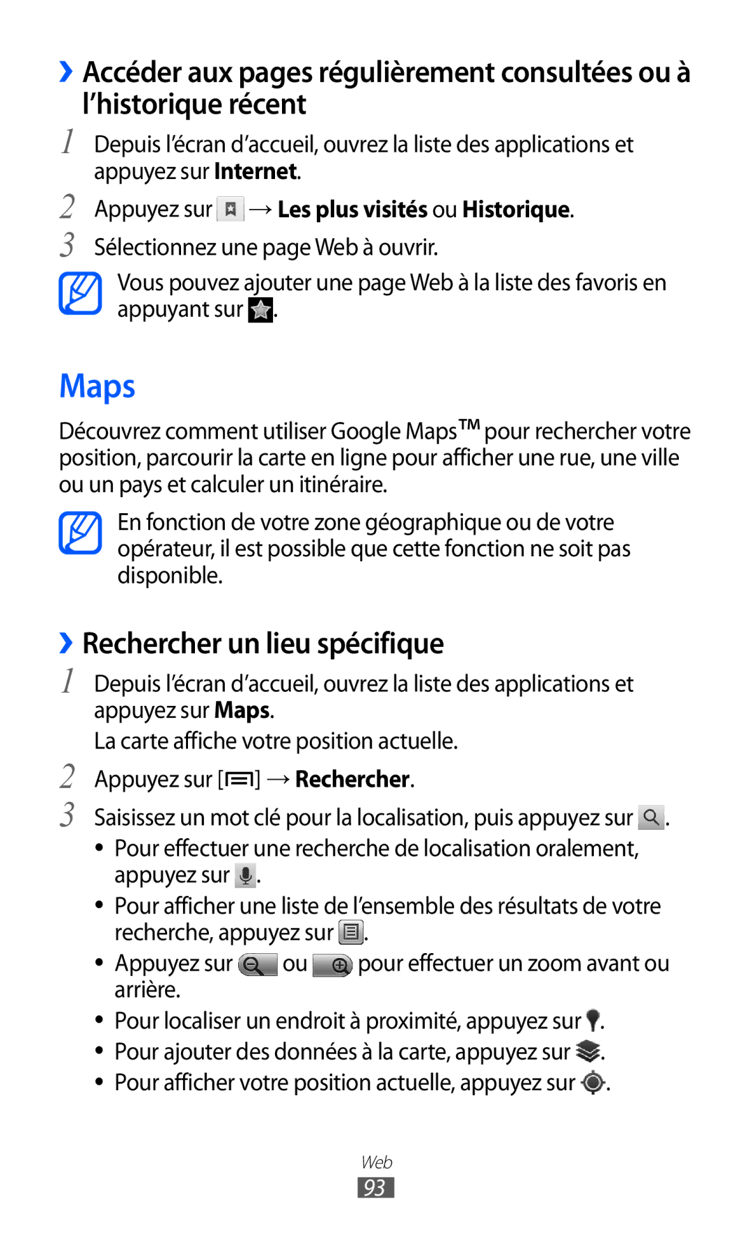 Samsung GT-I8150MAABOG manual Maps, ››Rechercher un lieu spécifique, Appuyez sur → Les plus visités ou Historique, Arrière 