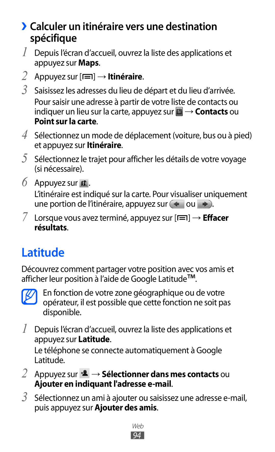 Samsung GT-I8150MAAXEF, GT-I8150MAASFR manual Latitude, ››Calculer un itinéraire vers une destination spécifique, Résultats 