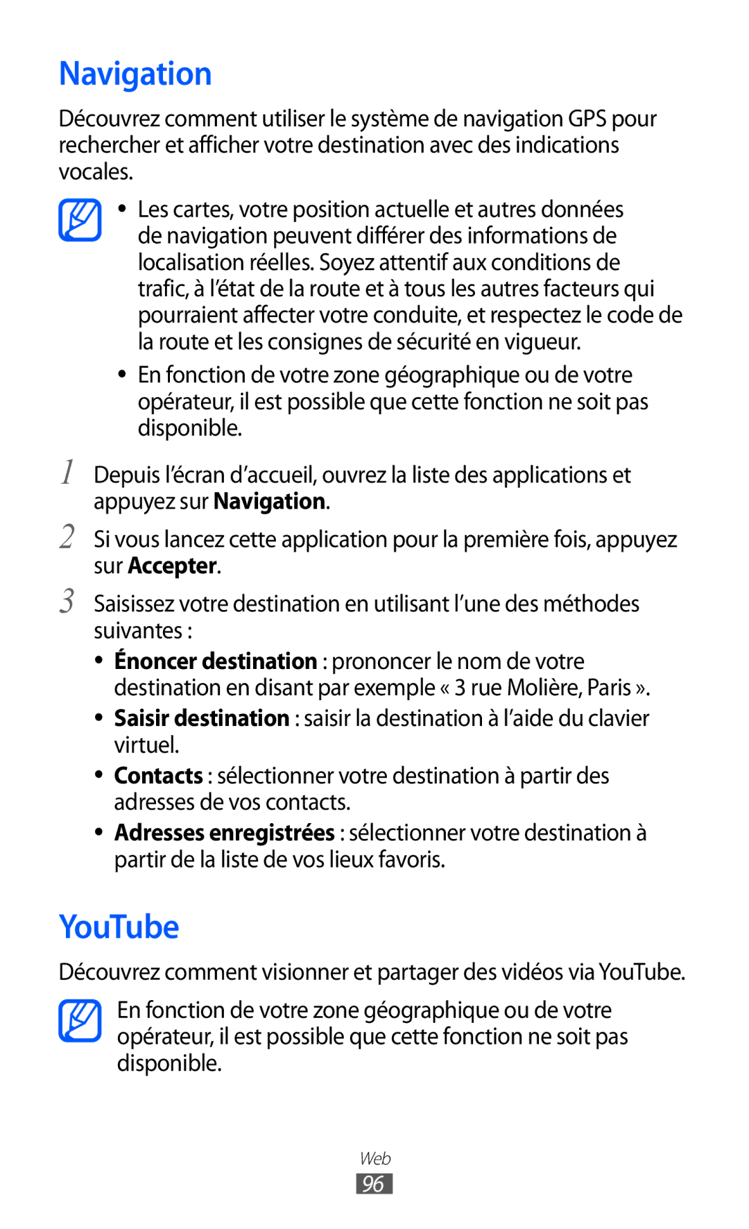 Samsung GT-I8150MAASFR, GT-I8150MAABOG, GT-I8150MAAXEF, GT-I8150FKAXEF manual Navigation, YouTube 