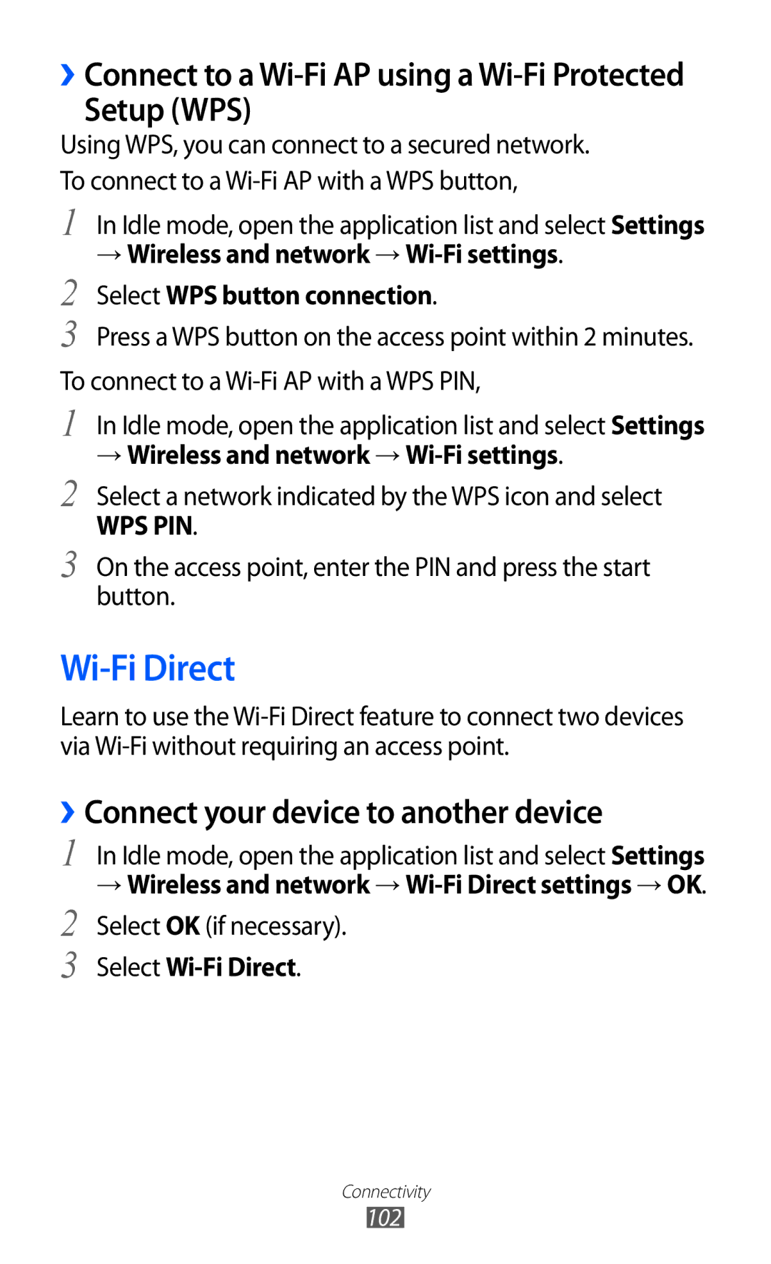 Samsung GT-I8160ZWATHR, GT-I8160OKAABS manual Setup WPS, ››Connect your device to another device, Select Wi-Fi Direct 