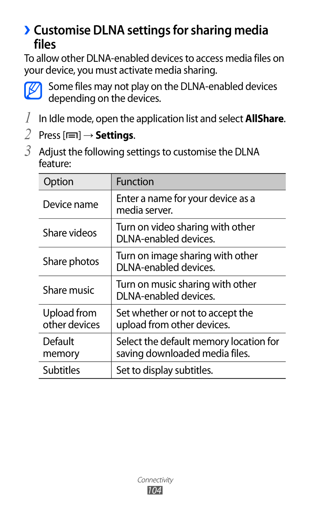 Samsung GT-I8160OKAXEV, GT-I8160OKAABS, GT-I8160OKAJED manual ››Customise Dlna settings for sharing media files, 104 