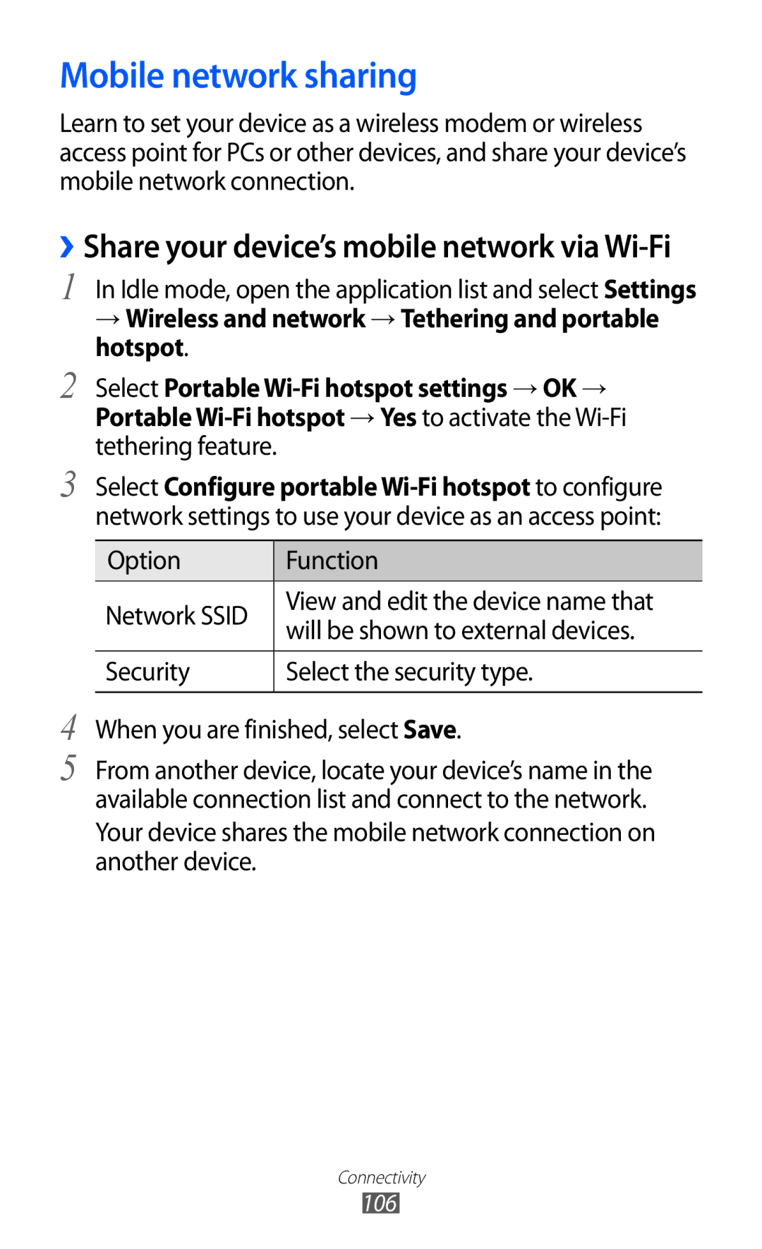 Samsung GT-I8160ZWAXXV, GT-I8160OKAABS, GT-I8160OKAJED, GT-I8160ZWAKSA, GT-I8160OKACAC manual Mobile network sharing, 106 