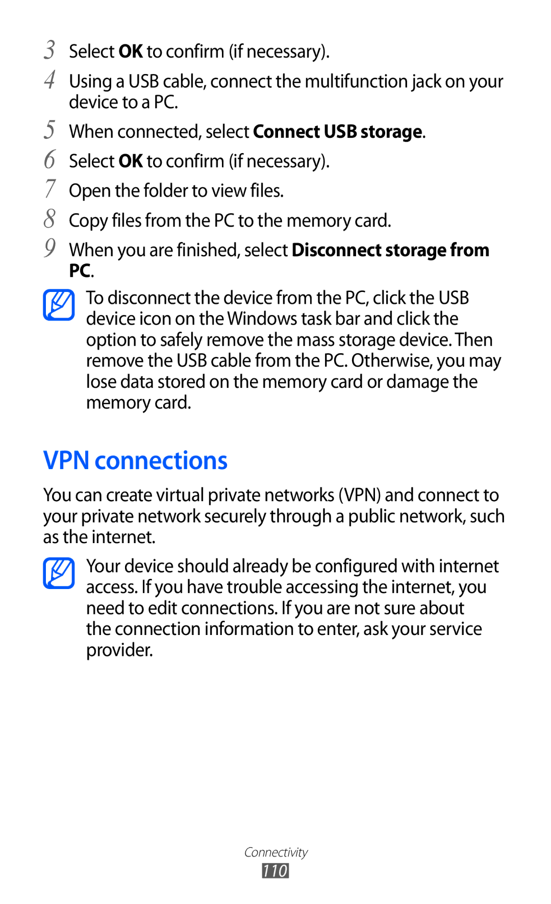 Samsung GT-I8160ZWAKSA, GT-I8160OKAABS, GT-I8160OKAJED, GT-I8160OKACAC, GT-I8160OKAKSA, GT-I8160OKATHR VPN connections, 110 