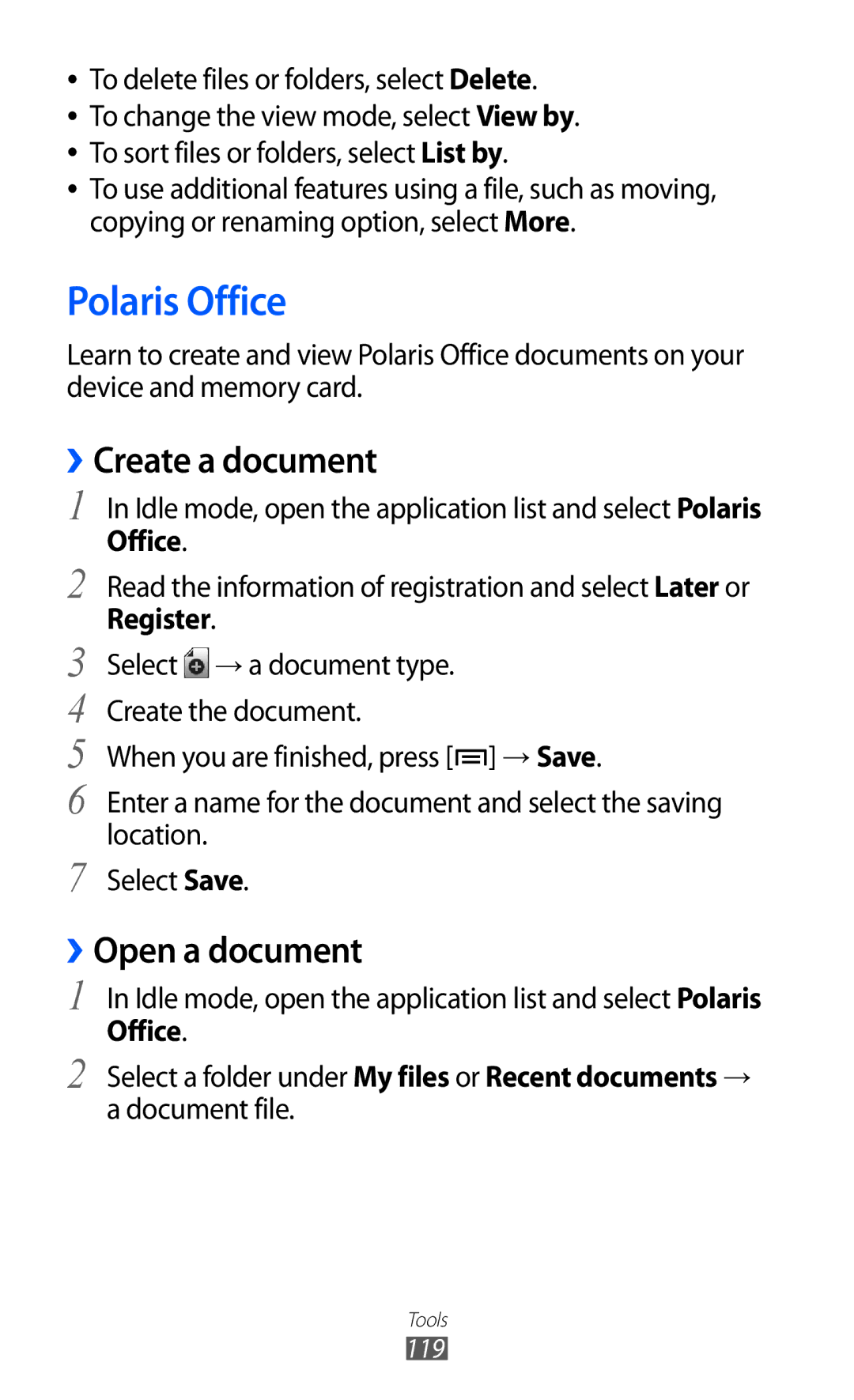 Samsung GT-I8160ZWAJED, GT-I8160OKAABS manual Polaris Office, ››Create a document, ››Open a document, Register, 119 