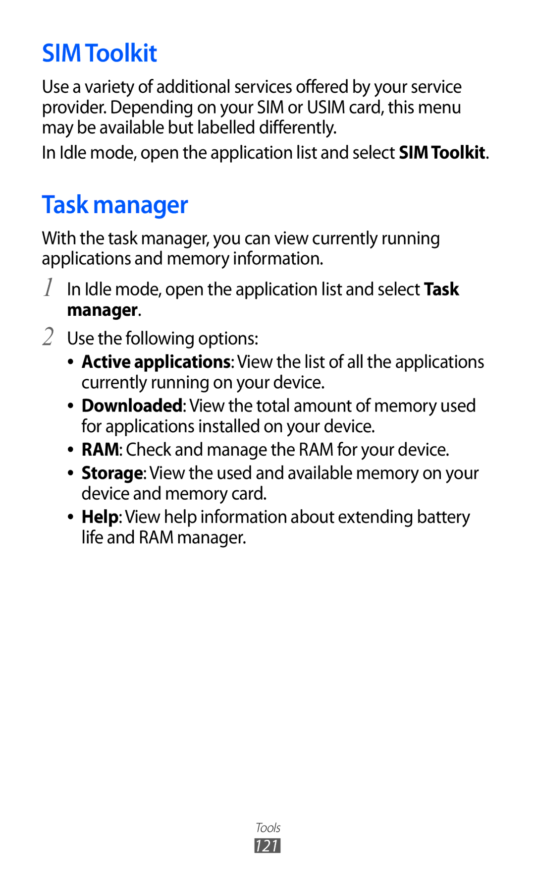 Samsung GT-I8160ZWAXSG, GT-I8160OKAABS Task manager, Idle mode, open the application list and select SIM Toolkit, 121 