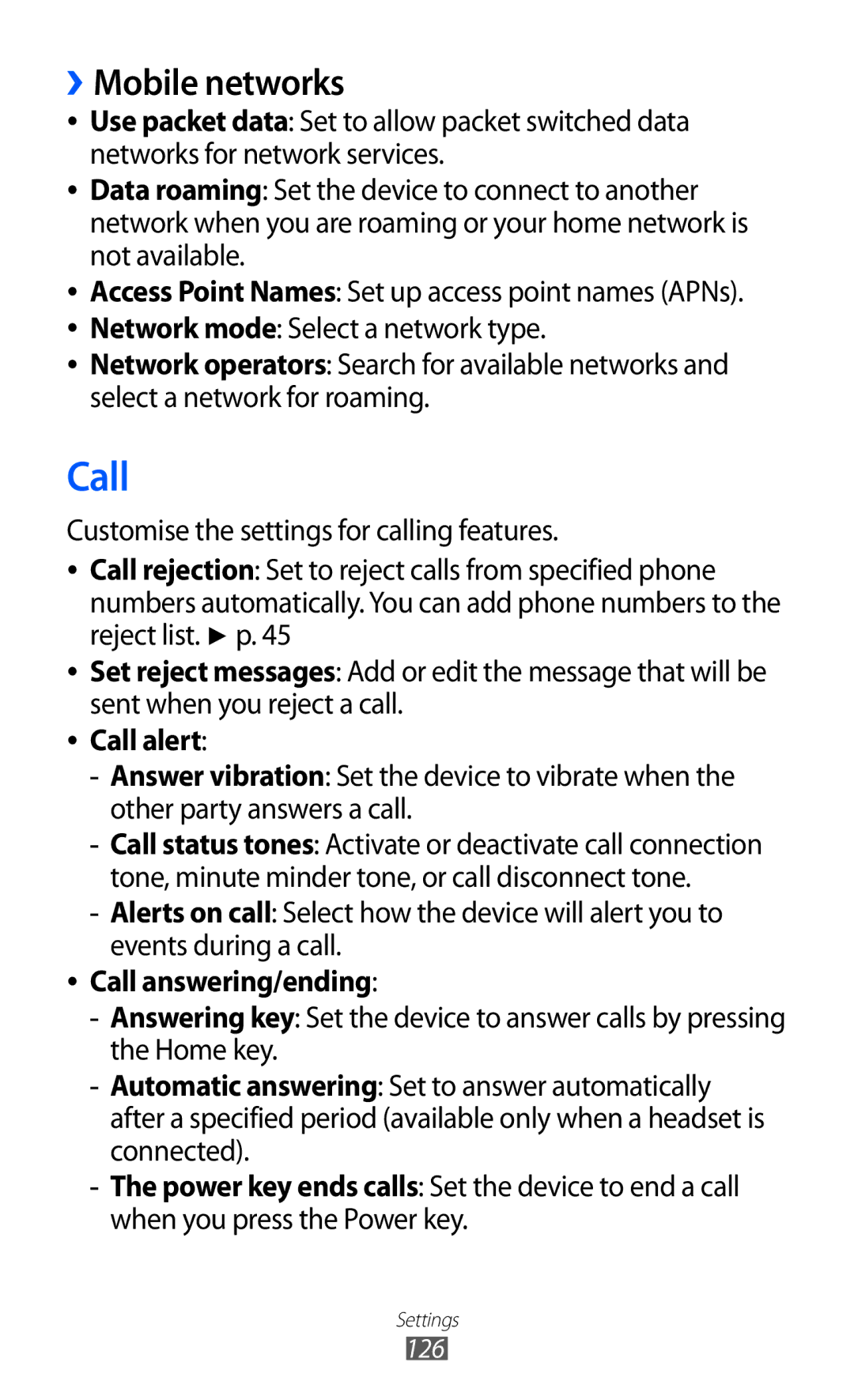 Samsung GT-I8160OKAABS, GT-I8160OKAJED, GT-I8160ZWAKSA manual ››Mobile networks, Call alert, Call answering/ending, 126 