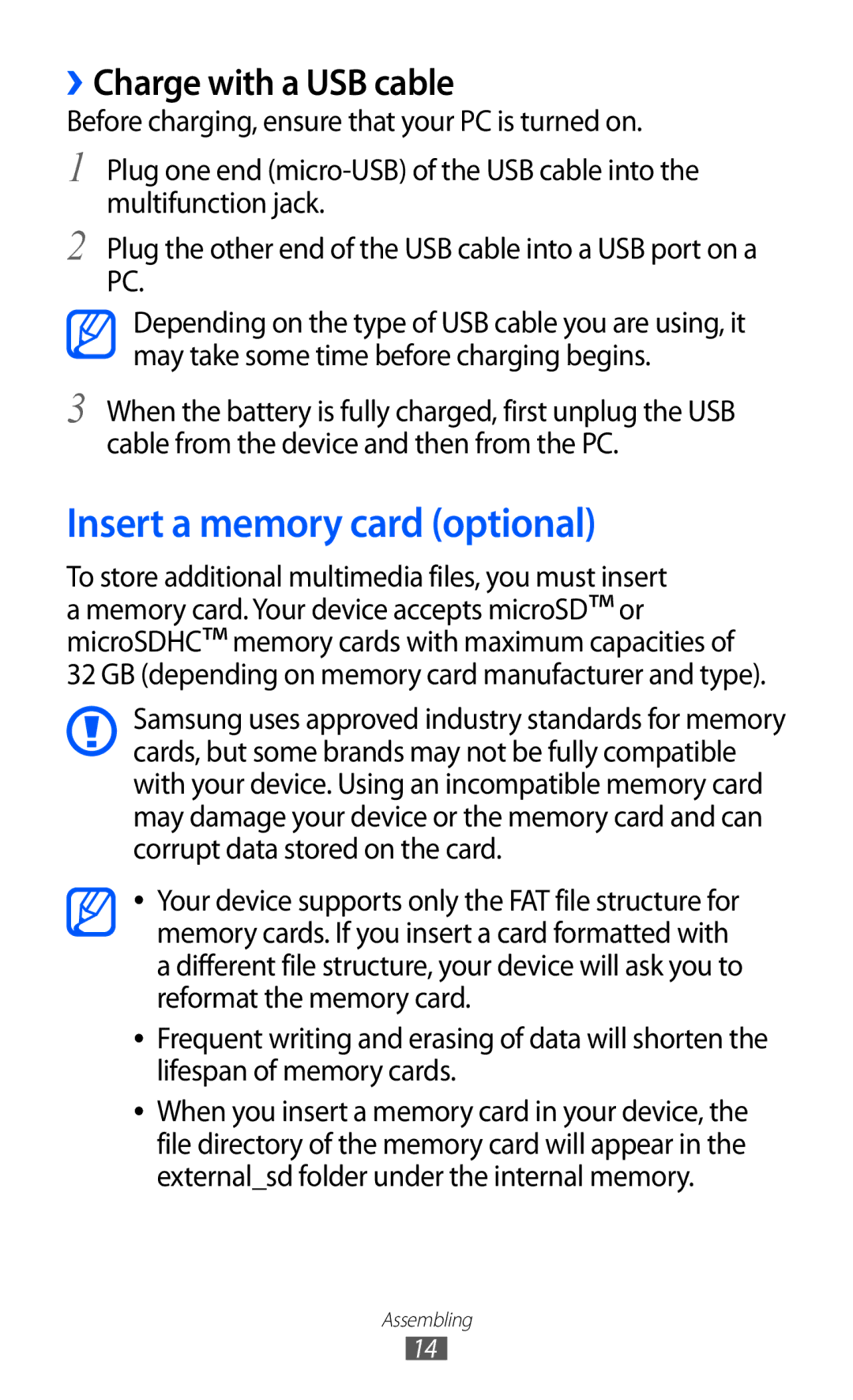 Samsung GT-I8160OKAXEV, GT-I8160OKAABS, GT-I8160OKAJED manual Insert a memory card optional, ››Charge with a USB cable 