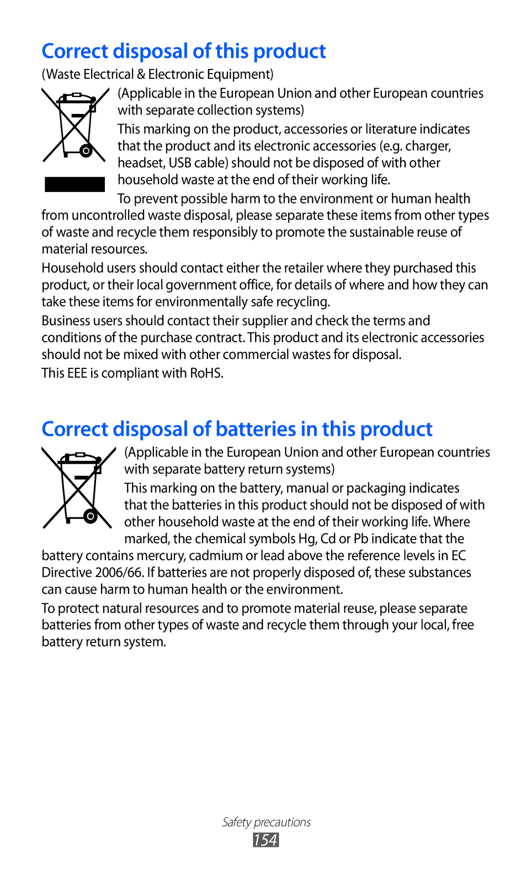 Samsung GT-I8160ZWACAC, GT-I8160OKAABS, GT-I8160OKAJED, GT-I8160ZWAKSA, GT-I8160OKACAC Correct disposal of this product, 154 