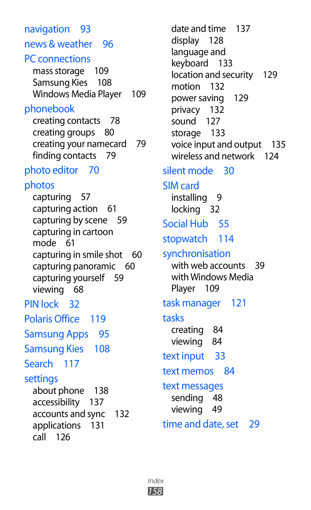 Samsung GT-I8160OKAXEV, GT-I8160OKAABS, GT-I8160OKAJED, GT-I8160ZWAKSA, GT-I8160OKACAC, GT-I8160OKAKSA manual Phonebook, 158 