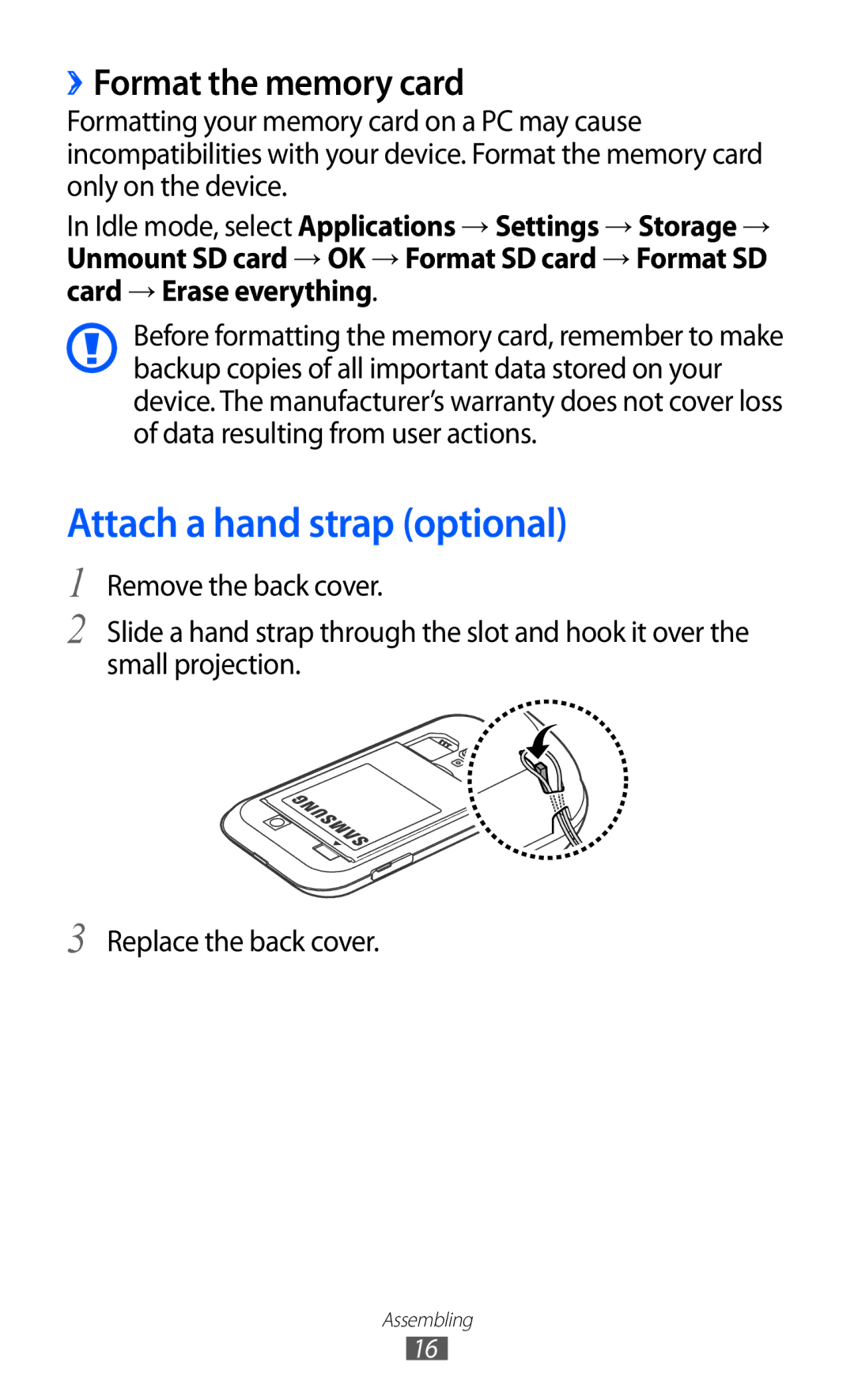 Samsung GT-I8160ZWAXXV, GT-I8160OKAABS, GT-I8160OKAJED manual Attach a hand strap optional, ››Format the memory card 