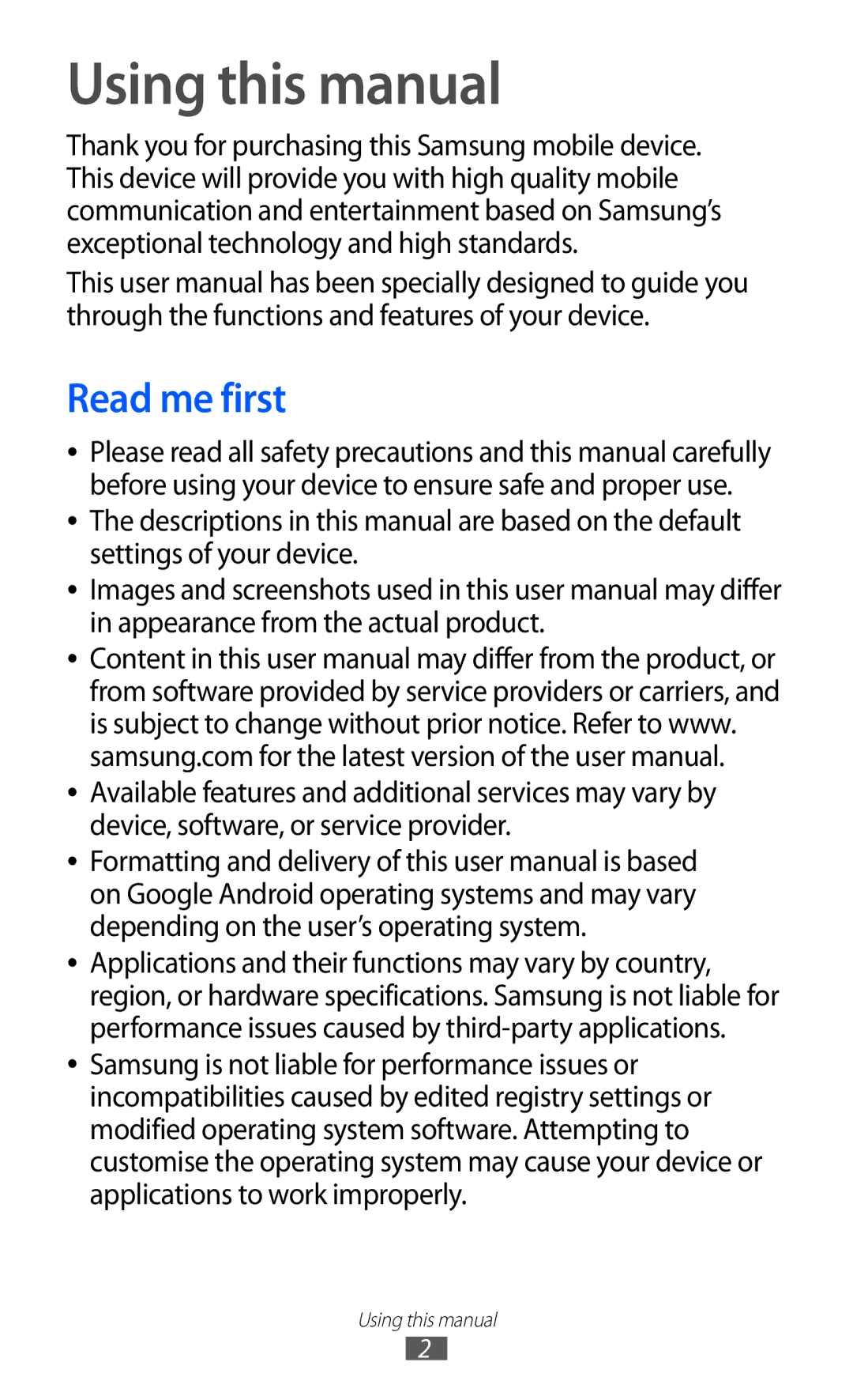 Samsung GT-I8160ZWAKSA, GT-I8160OKAABS, GT-I8160OKAJED, GT-I8160OKACAC, GT-I8160OKAKSA Using this manual, Read me first 