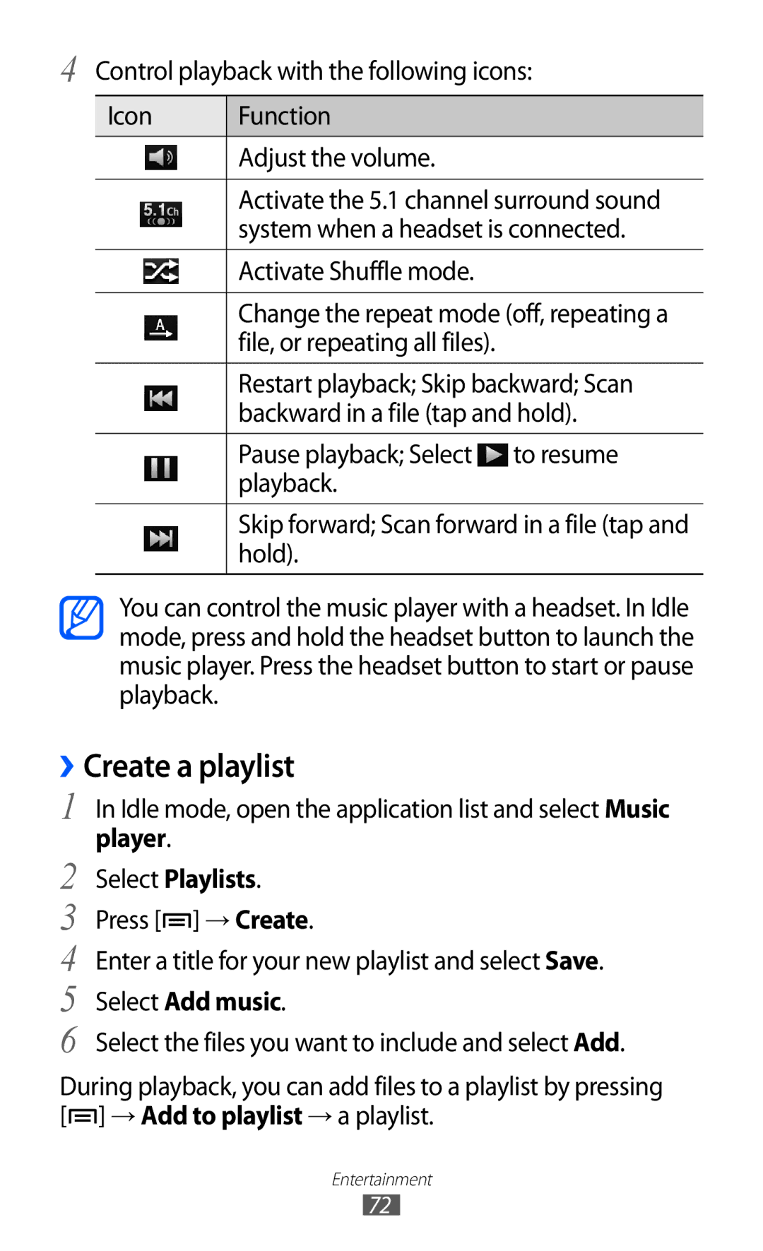 Samsung GT-I8160OKAABS manual ››Create a playlist, Pause playback Select To resume Playback, Player Select Playlists 