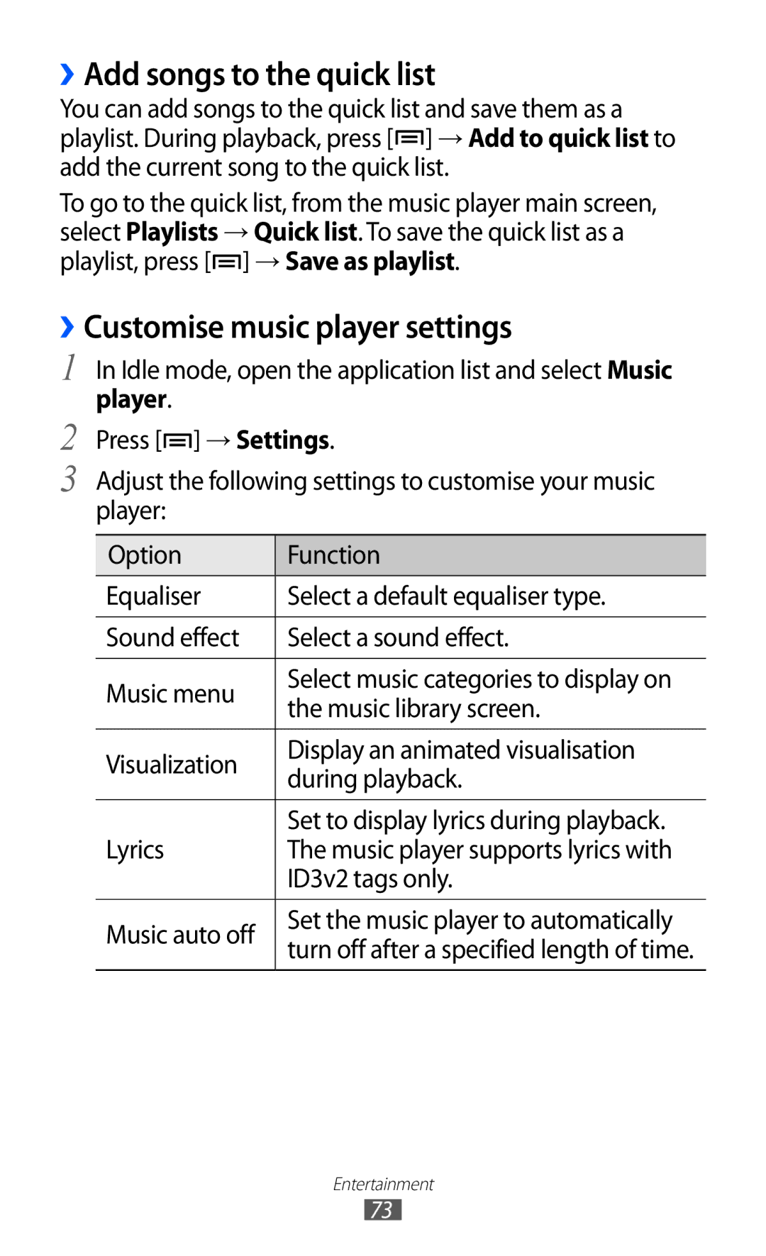 Samsung GT-I8160OKAJED, GT-I8160OKAABS manual ››Add songs to the quick list, ››Customise music player settings, Player 