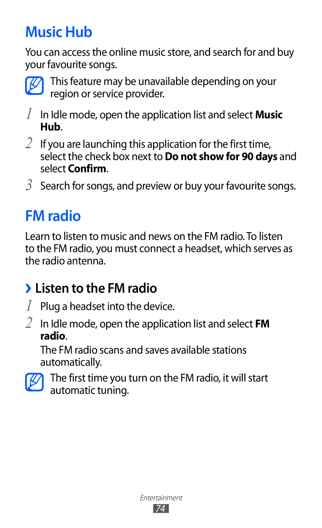 Samsung GT-I8160ZWAKSA, GT-I8160OKAABS, GT-I8160OKAJED, GT-I8160OKACAC manual Music Hub, ››Listen to the FM radio 