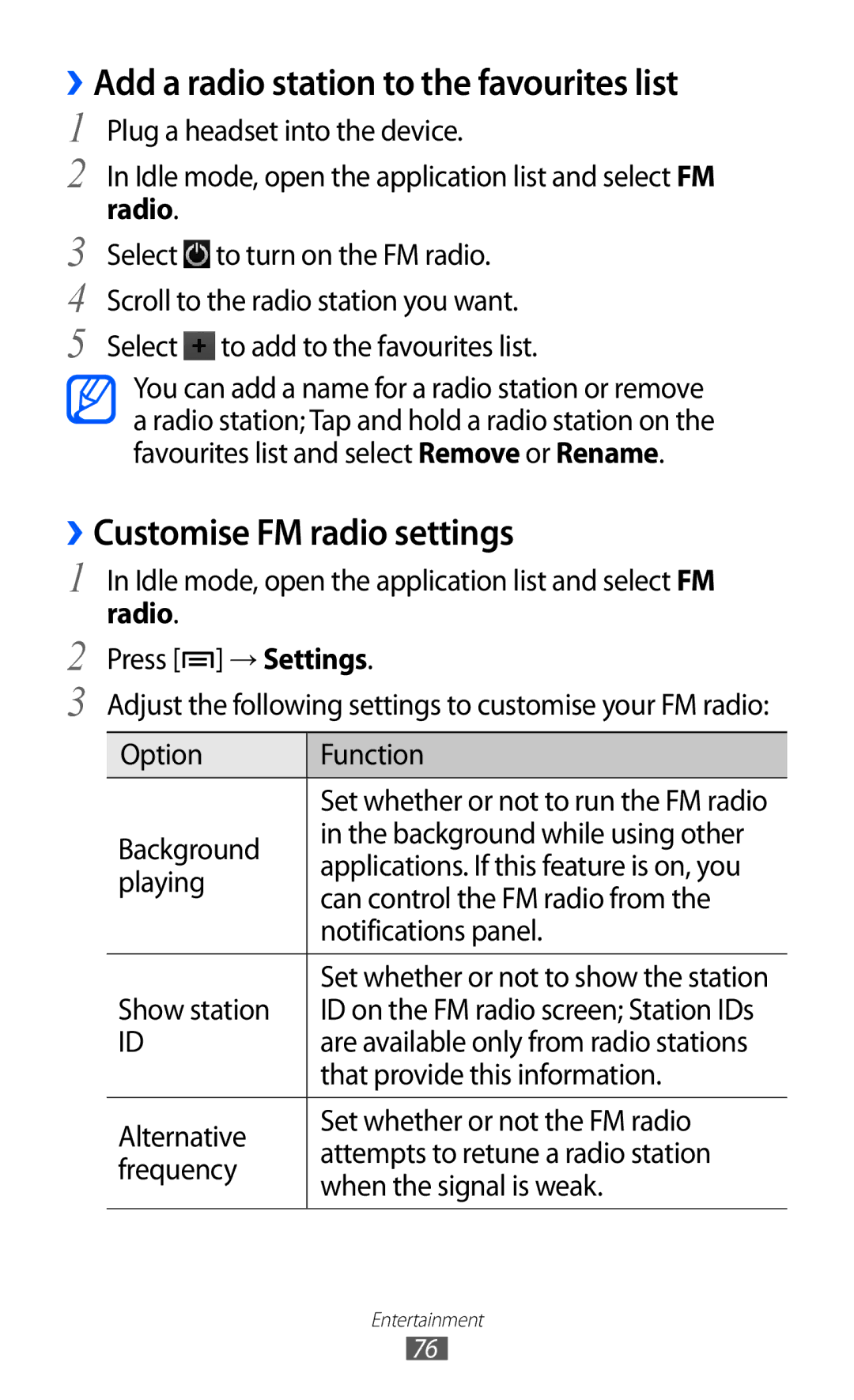 Samsung GT-I8160OKAKSA, GT-I8160OKAABS ››Add a radio station to the favourites list, ››Customise FM radio settings, Radio 