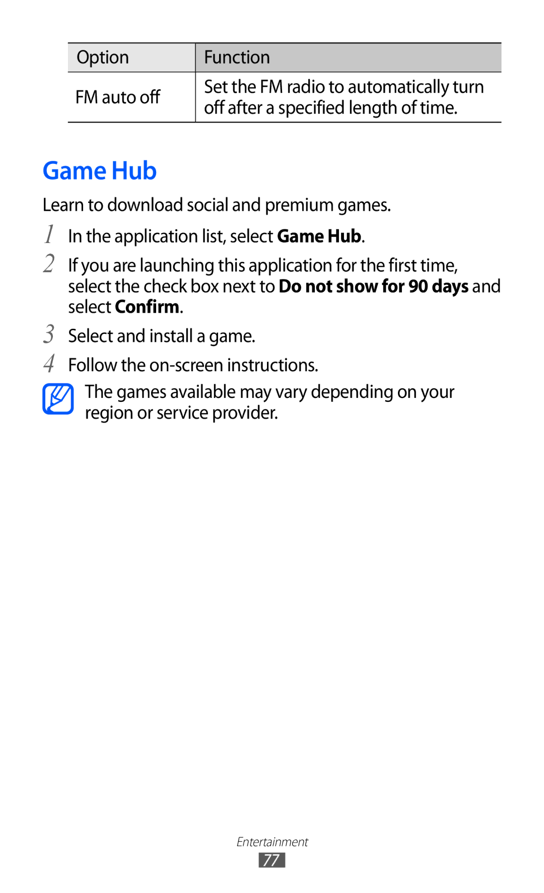 Samsung GT-I8160OKATHR, GT-I8160OKAABS manual Game Hub, Option Function FM auto off, Off after a specified length of time 