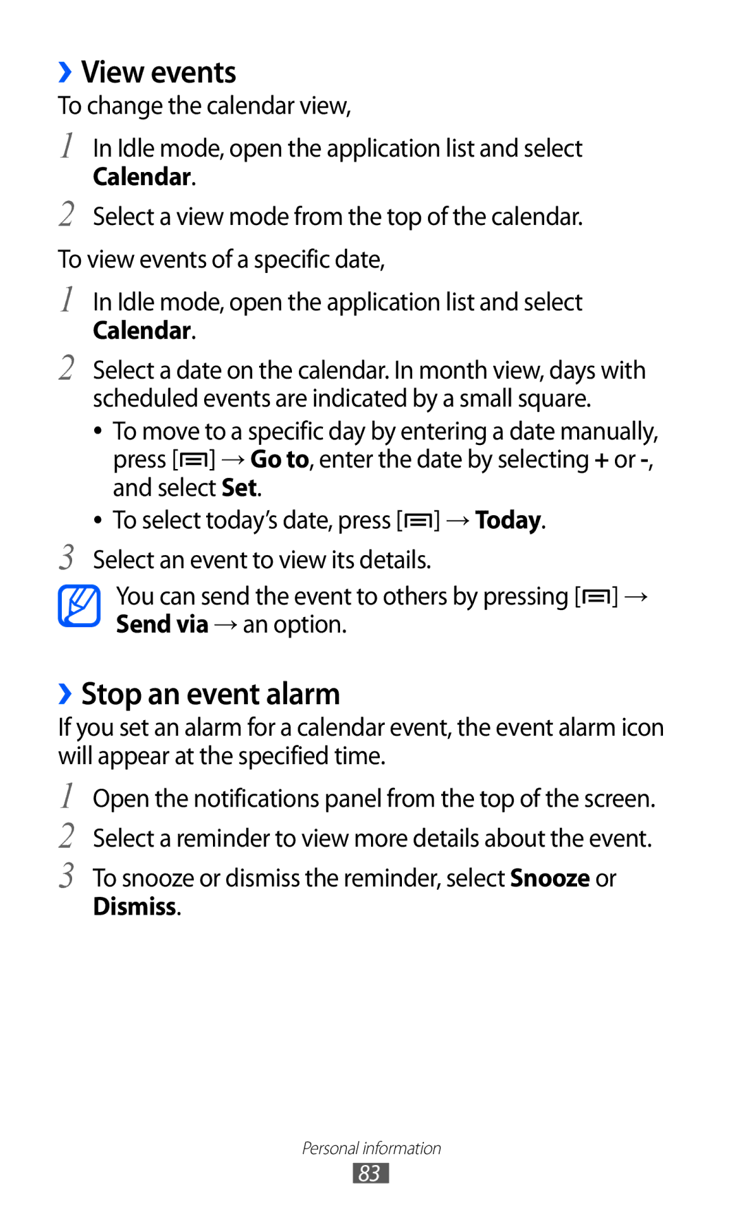 Samsung GT-I8160ZWAJED, GT-I8160OKAABS, GT-I8160OKAJED, GT-I8160ZWAKSA manual ››View events, ››Stop an event alarm, Dismiss 