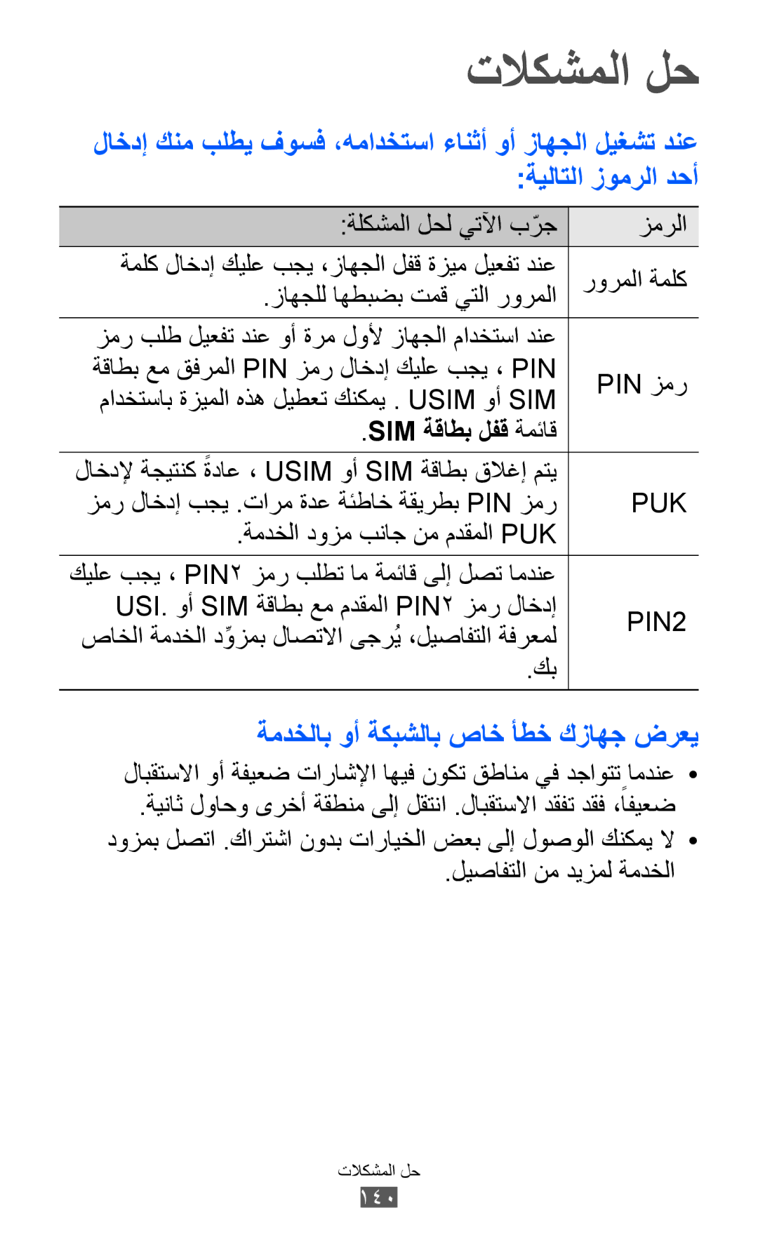 Samsung GT-I8160OKAABS, GT-I8160OKAJED manual تلاكشملا لح, ةمدخلاب وأ ةكبشلاب صاخ أطخ كزاهج ضرعي, Sim ةقاطب لفق ةمئاق 