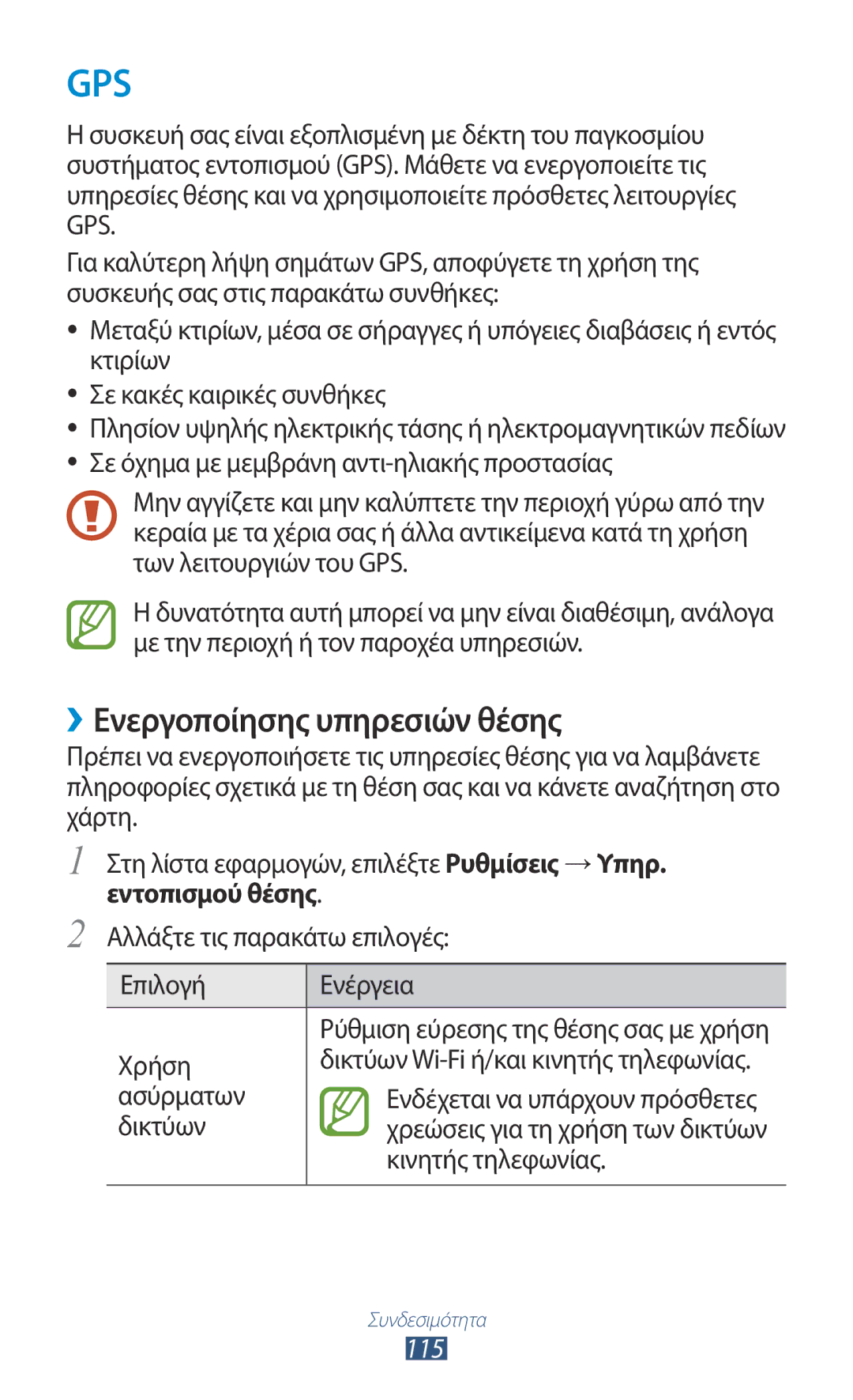 Samsung GT-I8160OKACOS, GT-I8160OKAEUR, GT-I8160ZWAEUR manual ››Ενεργοποίησης υπηρεσιών θέσης, Εντοπισμού θέσης, 115 