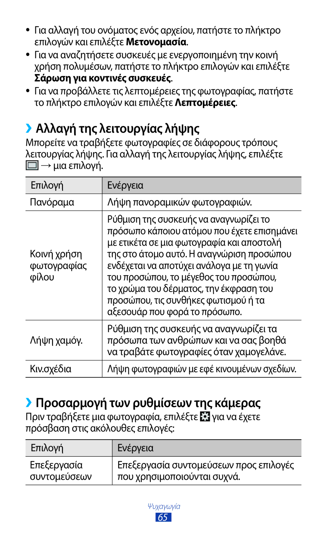 Samsung GT-I8160ZWACYV, GT-I8160OKAEUR manual ››Αλλαγή της λειτουργίας λήψης, ››Προσαρμογή των ρυθμίσεων της κάμερας 